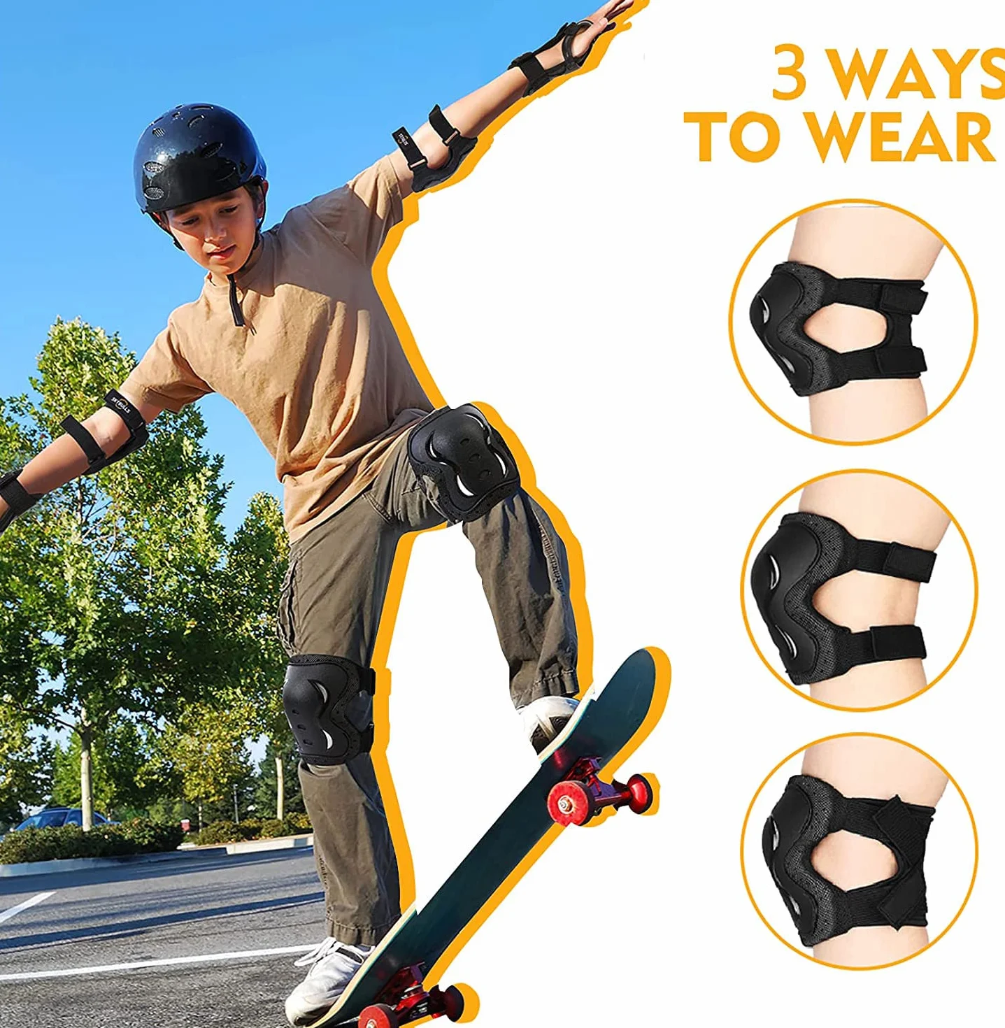 Protection Roller Enfant Adulte, Ajustable Genouillères Coudières Protège-Poignets Sets de Protection Enfant, pour Roller, Patinage, Skateboard, Vélo(6 Pièces, Noir)