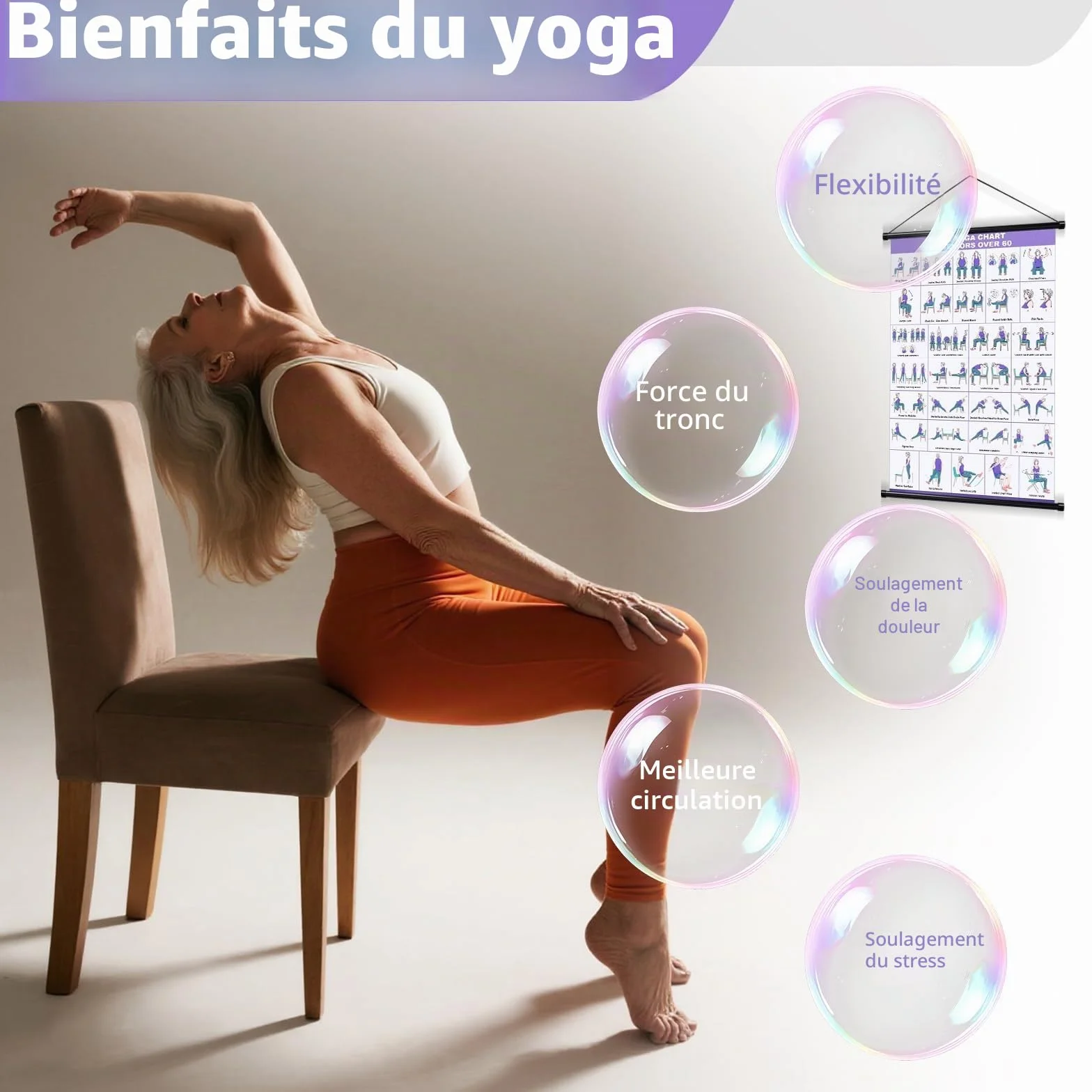 Affiche de yoga sur chaise pour seniors débutants – tableau mural en tissu avec barres de suspension – guide étirement sport maison