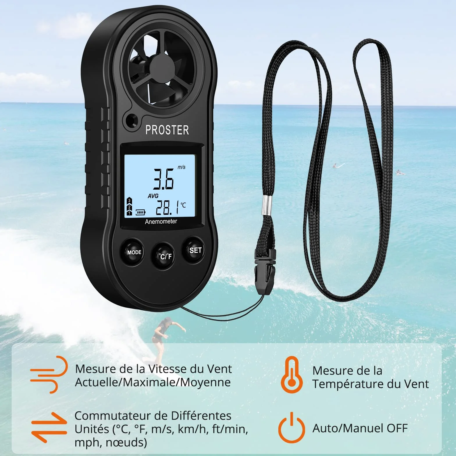 Proster Anémomètre Portable Numérique Écran LCD sans Fil Mesure Vitesse Température Vent 5 Unités