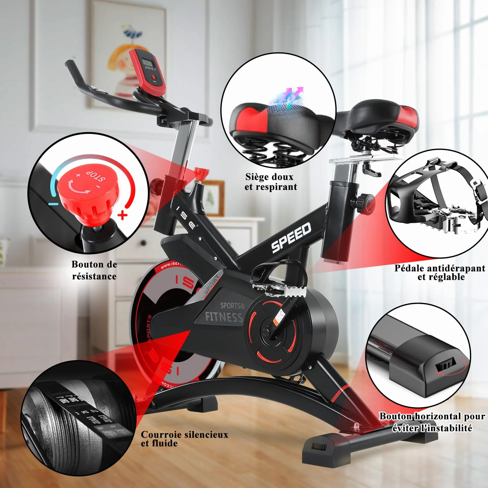 ISE Velo d'Appartement Exercise Bike Cardio-Training Ecran Impulsion Hauteur Réglable