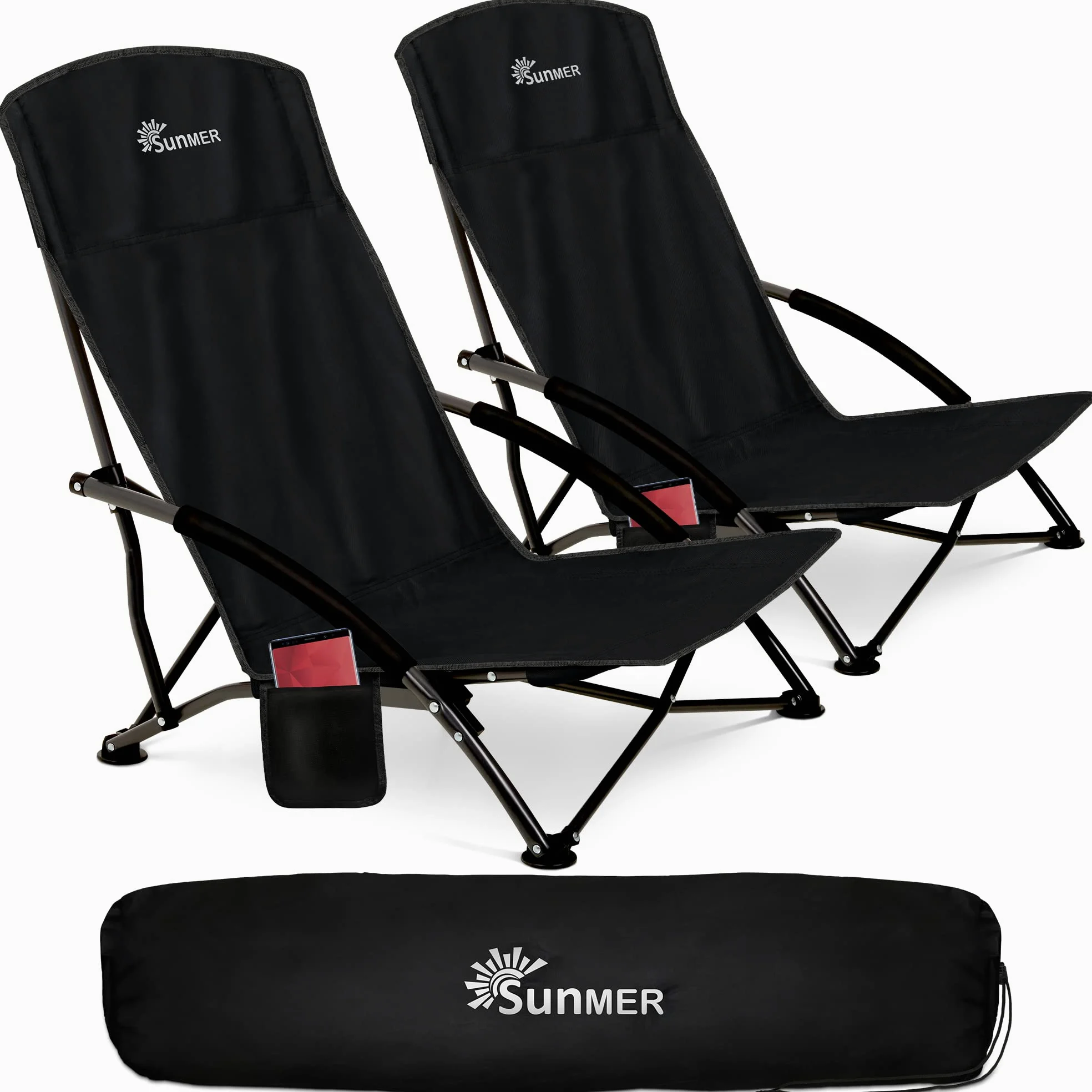 SUNMER Lot de 2 chaises de Plage Pliantes avec Poche latérale et Sac de Transport – Chaise de Camping Basse Pliable, compacte, légère, Portable, capacité de 120 kg – Noir