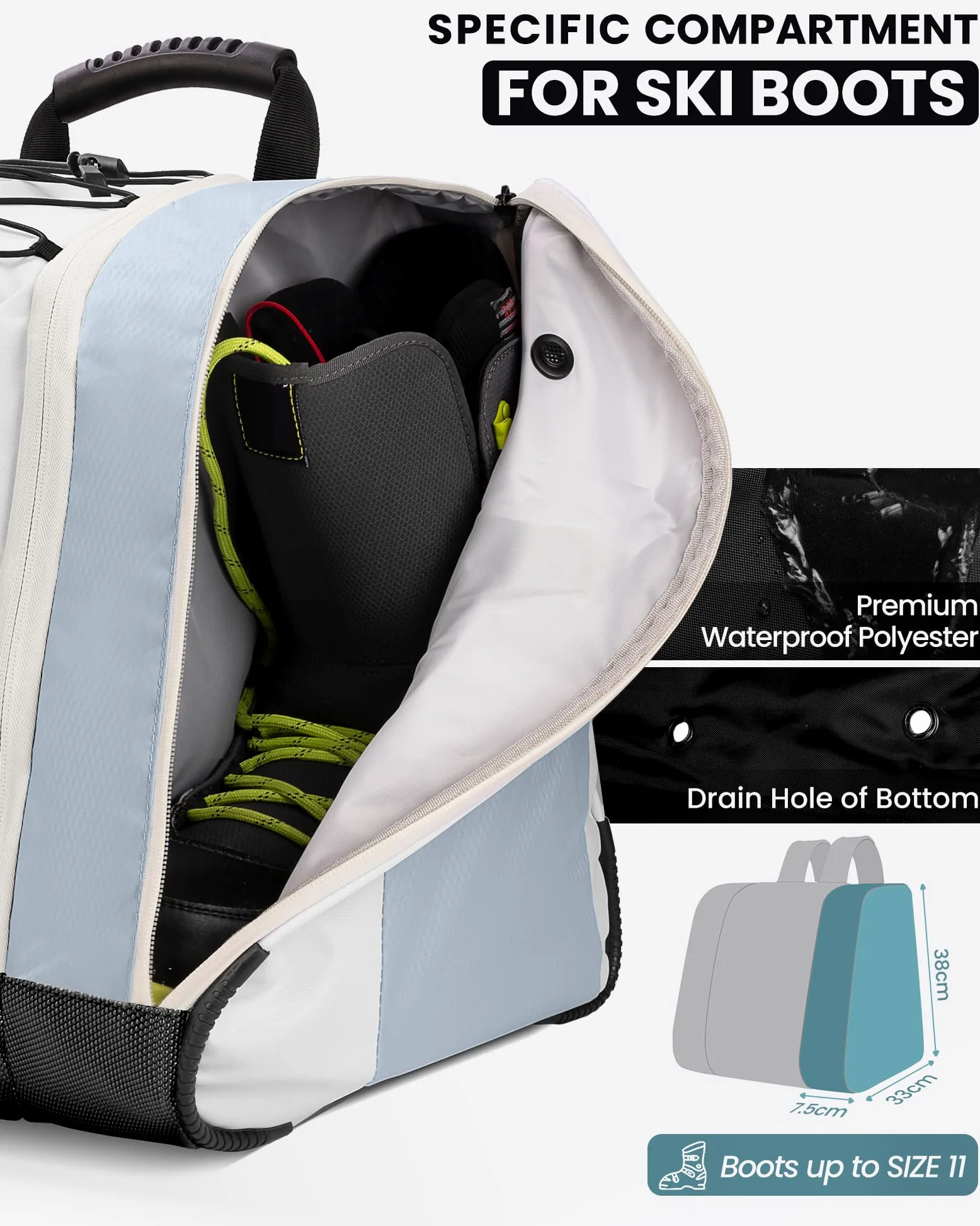 OutdoorMaster Sac à Dos pour Bottes de Ski, de Voyage en Avion, Snowboard, Sac à Dos avec Fond imperméable pour Casque de Ski, Lunettes et Gants 38 l