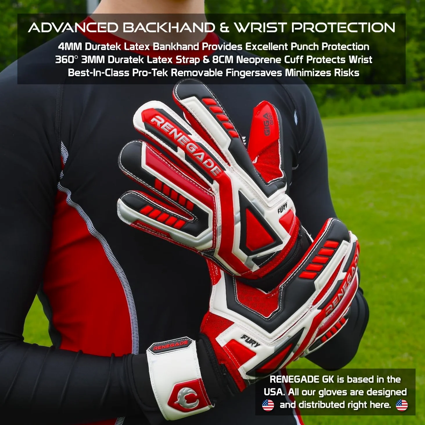 Renegade GK Fury Gants De Gardien De But (Tailles 7-11, Level 4) 4+3MM Giga Grip & Pro-Tek Fingersaves | Excellent Poigne & Protection | Gant Gardien de But Adulte, Homme, Junior