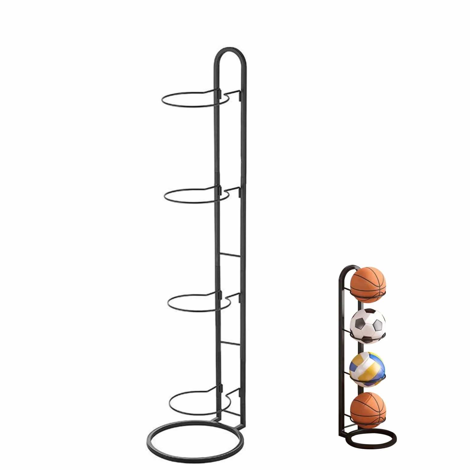 Support Ballon Foot 4 Niveaux, Support Ballon Vertical Amovible, Porte Ballon Basket pour Football, Basketball, Volleyball et Rugby (Noir)
