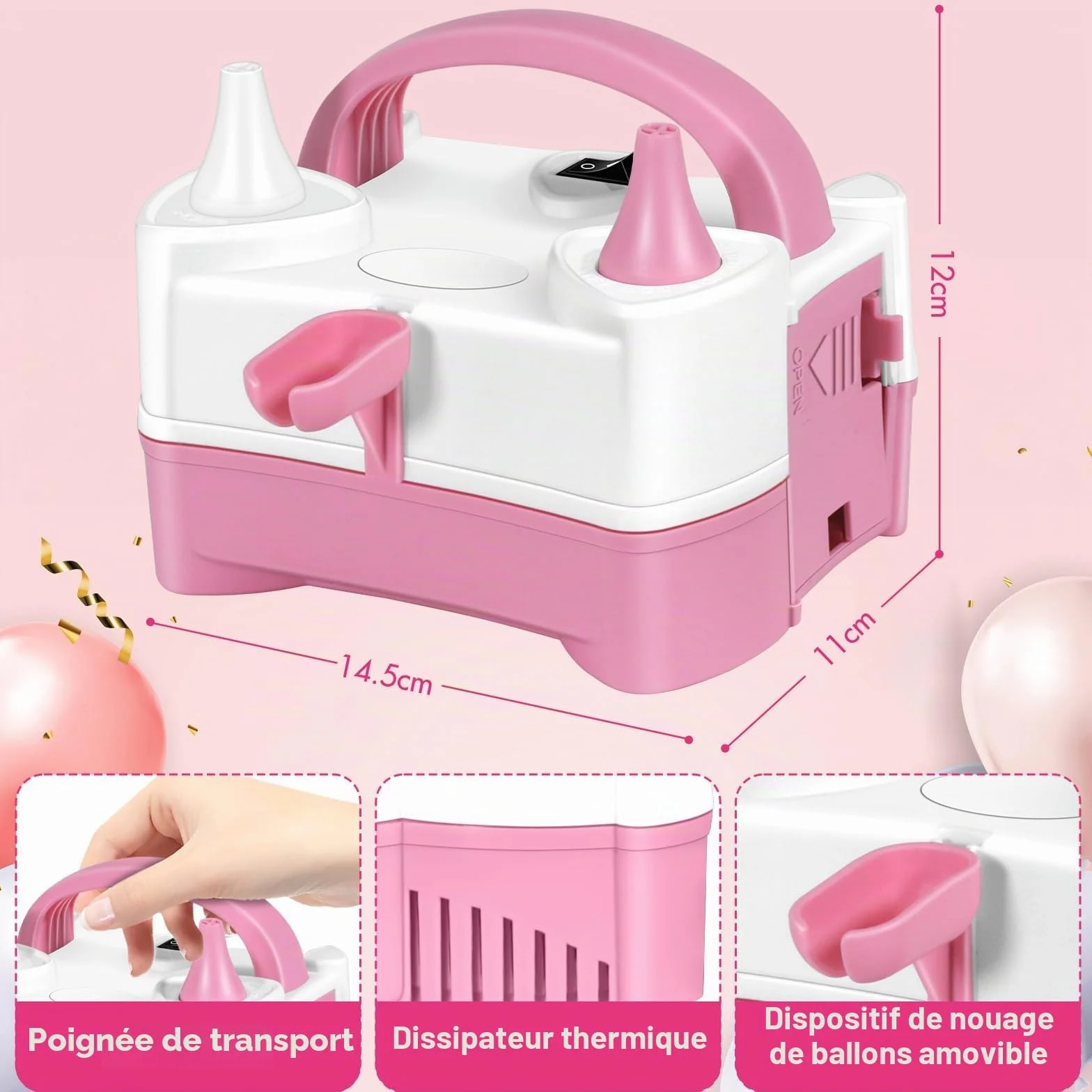HELESIN Pompe à Ballons Électrique, Gonfleur Ballon Portable avec 4 Accessoires, Double Buse