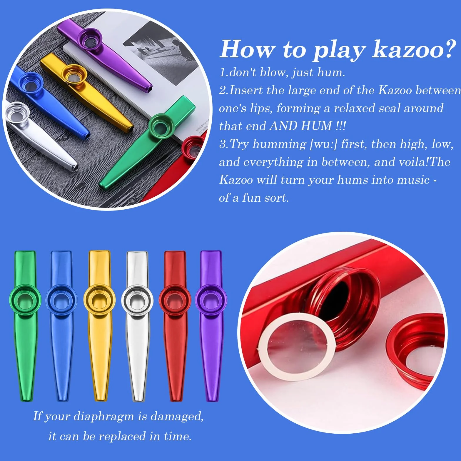 Ensemble de 18 Kazoos en plastique, Instrument de musique, Multicolore (Or, Argent, Vert, Rouge, Bleu)