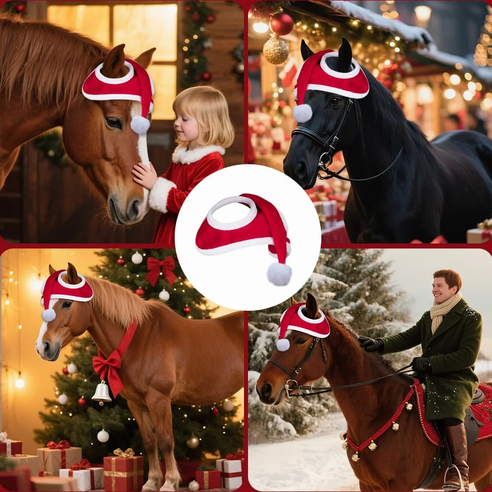 Bonnet de Noël pour Cheval, Bonnet de Noël avec Cheval, Bonnet de Noël pour Casque D'équitation, Accessoires de Noël pour Chevaux, Tenue pour Noël, 35 cm x 43 cm