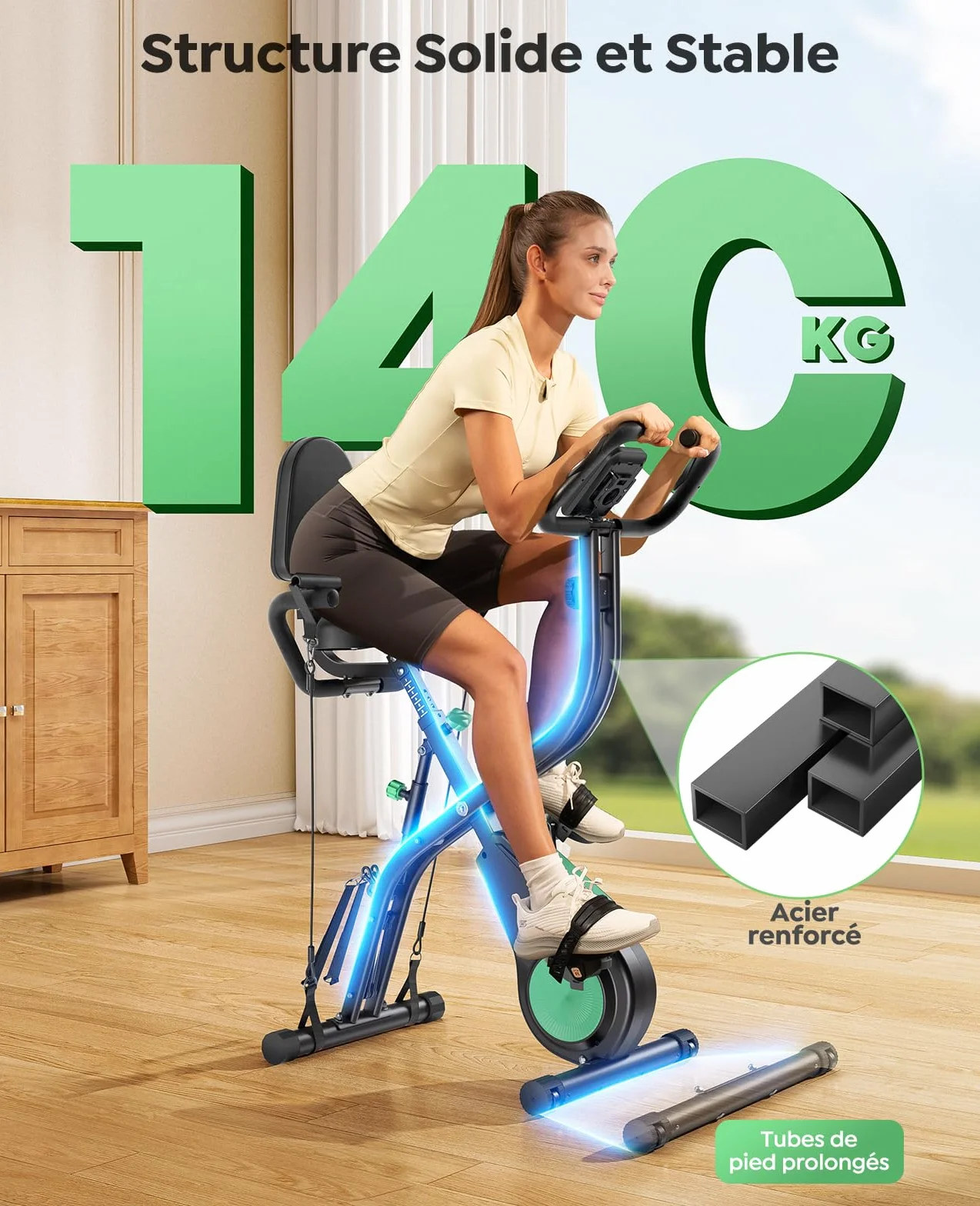 TOPUTURE Vélo d'Appartement Pliable 5-en-1, 16 Niveaux Résistance Magnétique, Moniteur LCD, Compatible APP, 140 kg