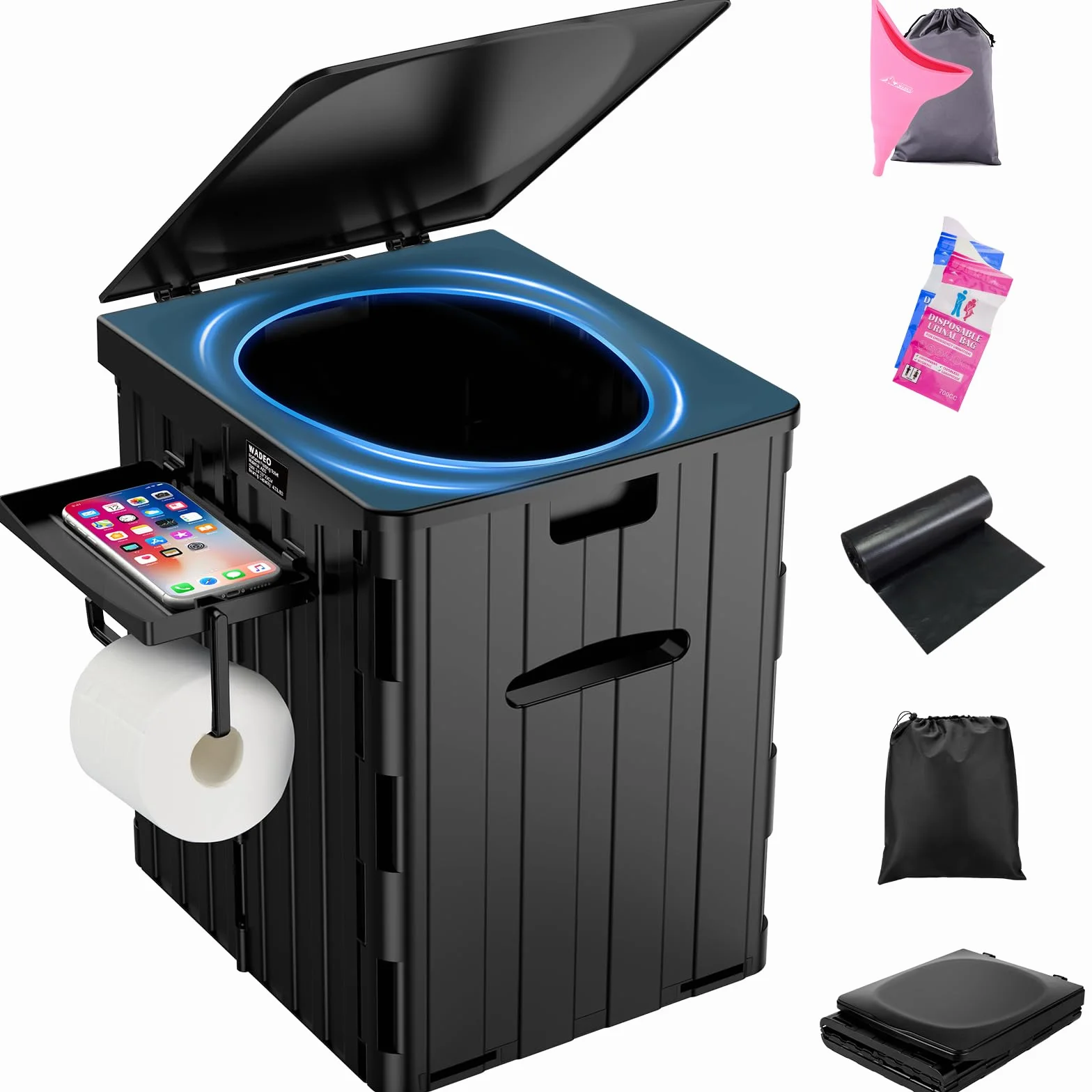 WADEO Toilettes de Camping Portables Pliables pour Adultes avec Urinateur Noir