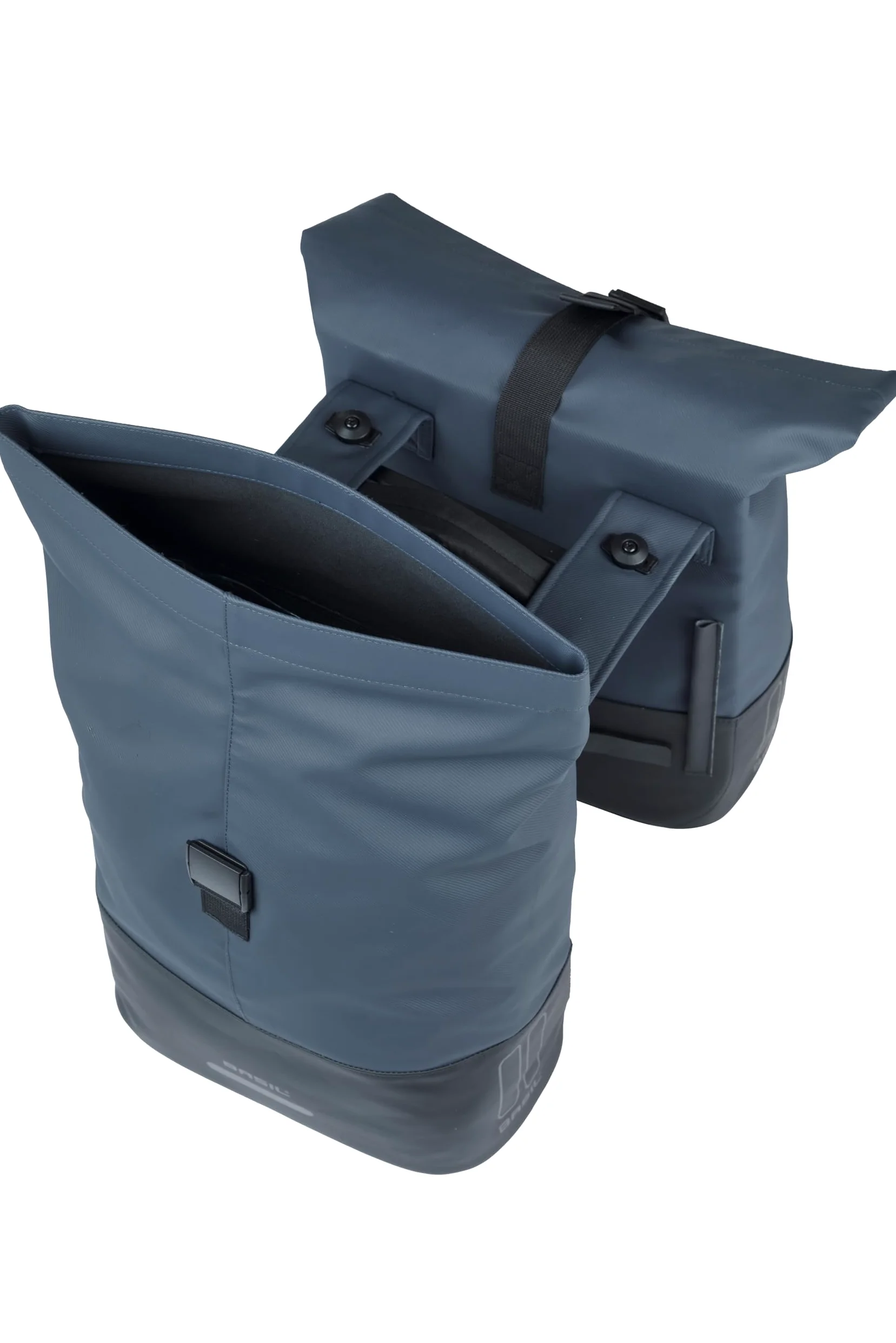 Basil Cove Sacoche pour porte-bagages double avec plaque adaptateur MIK 28-32 L imperméable, réfléchissant et recyclable, 29 x 14,5 x 36 cm, bleu/noir