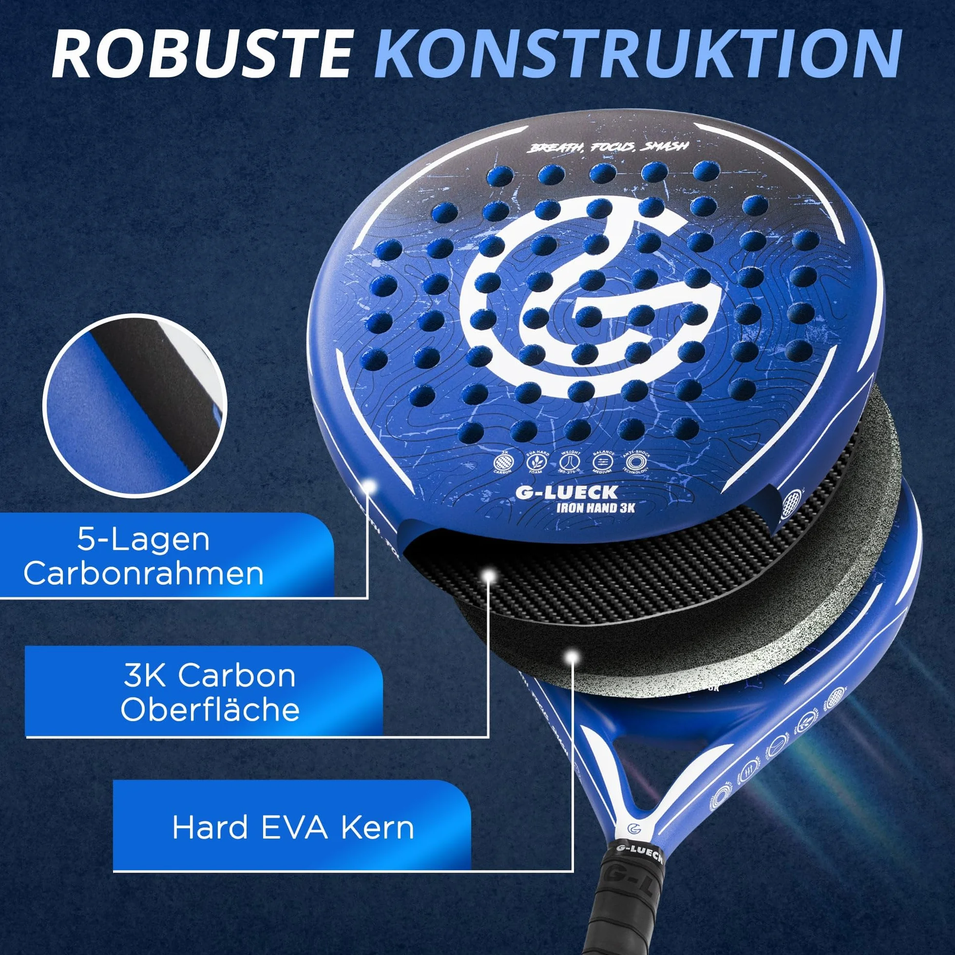 Raquette de Padel Iron Hand 3K Carbone Ronde Contrôle Puissance Cadre Carbone Renforcé Bleue Housse Incluse
