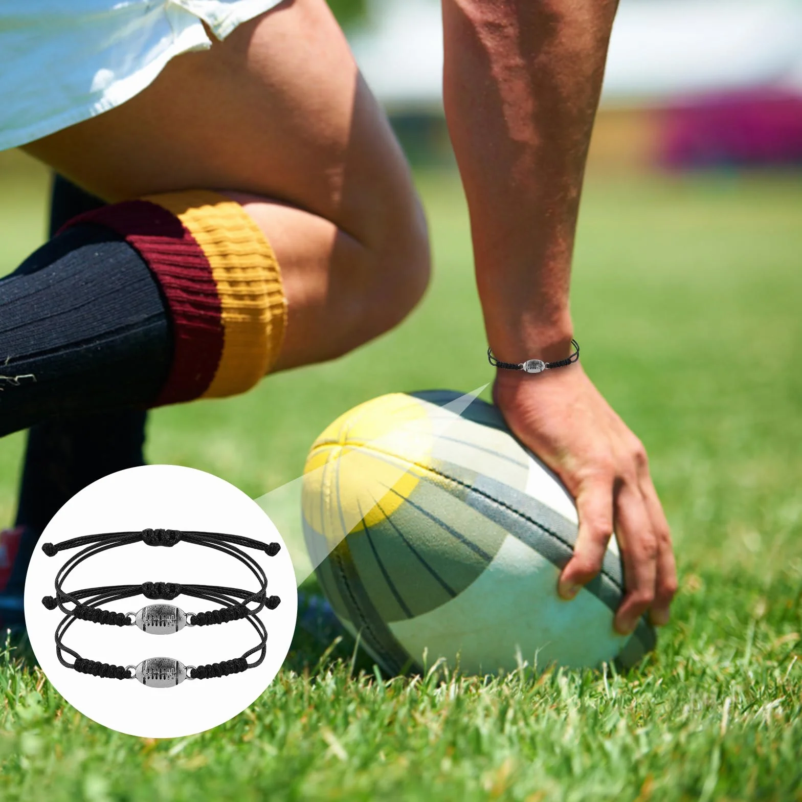 Bracelet Rugby Réglable Homme Corde Tressée avec Pendentif de Rugby 20pcs