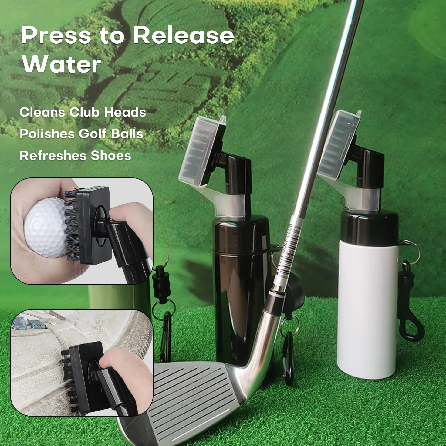 Lot de 2 brosses de nettoyage pour club de golf avec pulvérisateur d'eau intégré et crochet rétractable en aluminium pour accessoires de golf