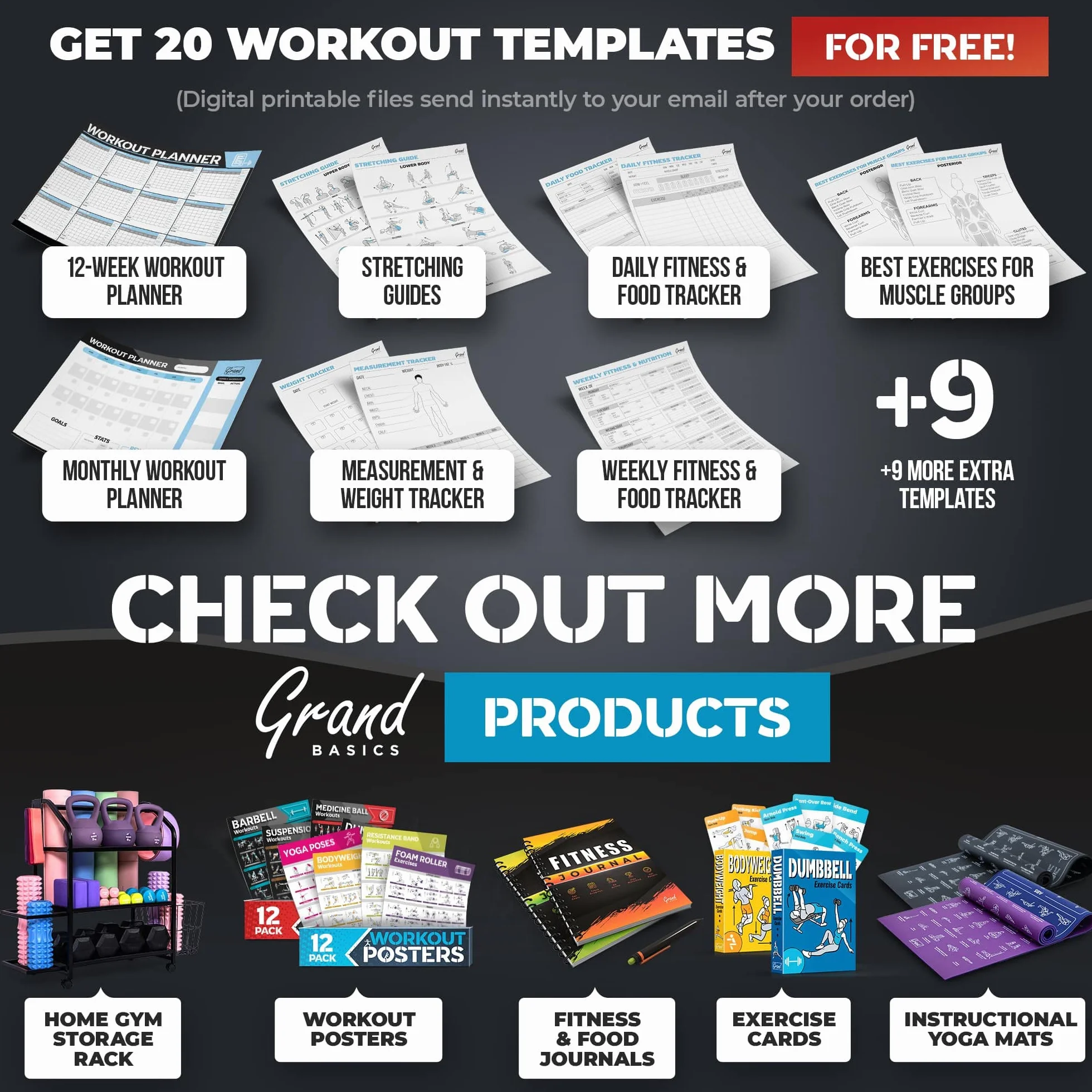 12 grands posters d'entraînement plastifiés pour salle de sport avec haltères, yoga, bande de résistance, kettlebell, étirements