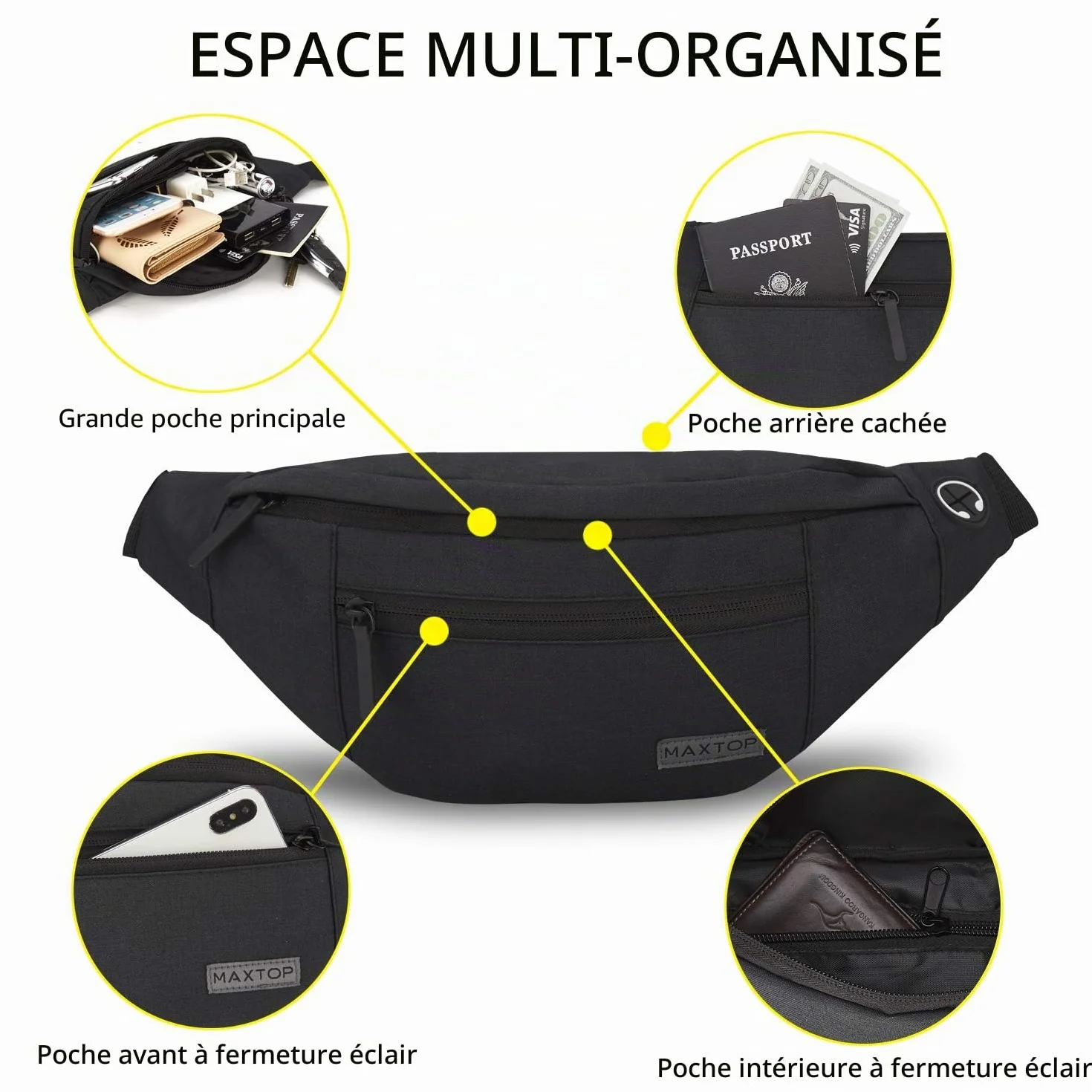 MAXTOP Grand Sac Banane pour Femme et Homme, Sac Banane avec Prise Casque et 4 Poches zippées, Ceinture réglable pour Le Cyclisme, la Course, Le Jogging, Les Voyages, l'extérieur