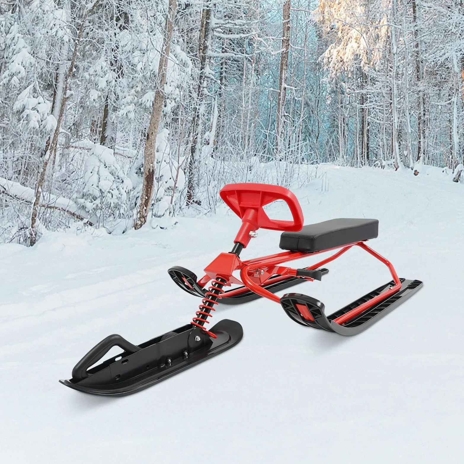 Luge de ski et snowboard - Jusqu'à 100 kg - Pour enfants, adolescents et adultes - Avec volant - Rouge