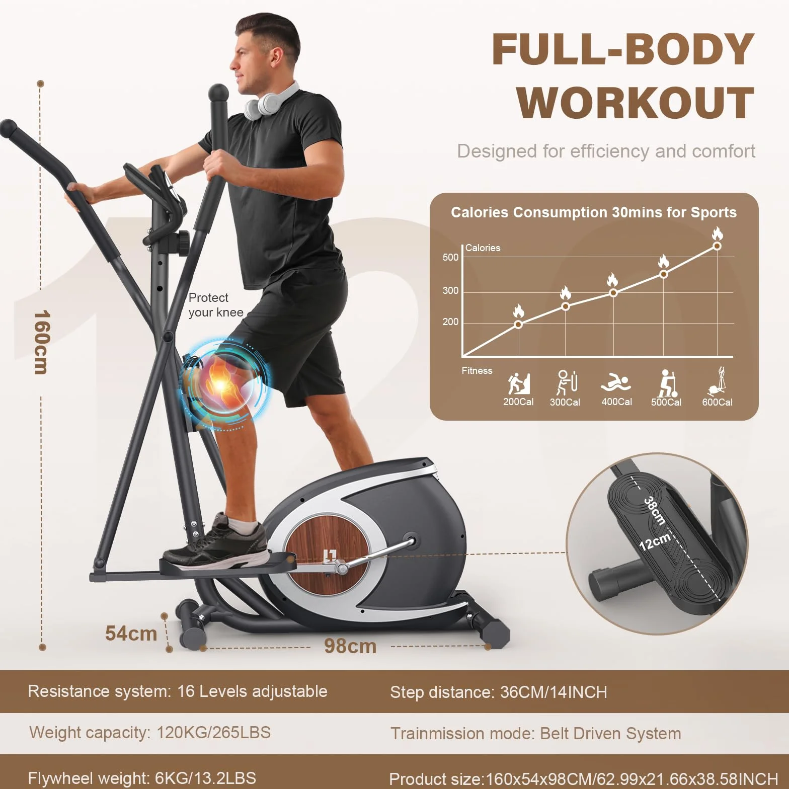 Vélo Elliptique Magnétique Ultra-Silencieux 16 Niveaux Résistance Écran LCD Pédale Antidérapante Capacité 265 LBS