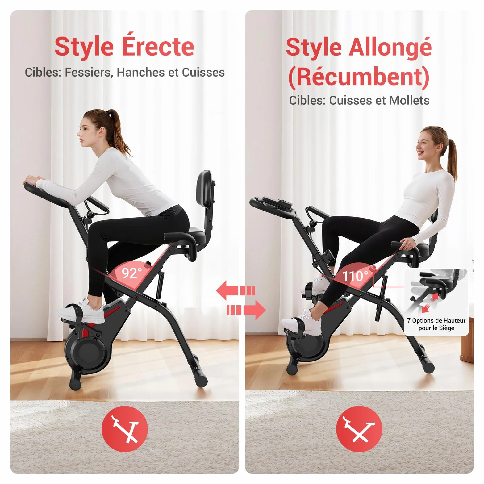 Vélo d'appartement pliable CURSOR 5-en-1, résistance silencieuse 16 niveaux, écran LED, cardiofréquencemètre