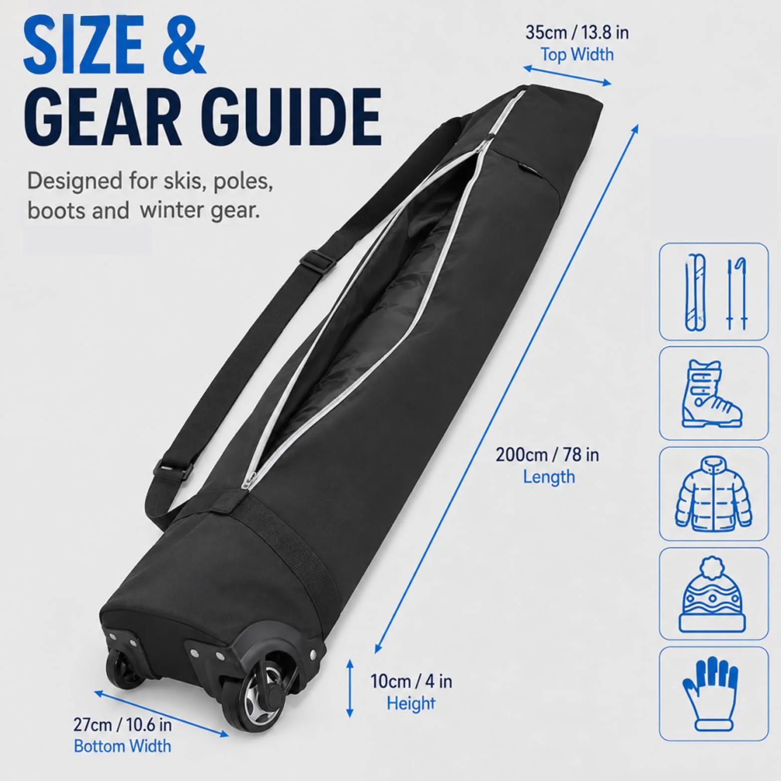 Sac de ski rembourré à roulettes 200 cm pour voyage en avion