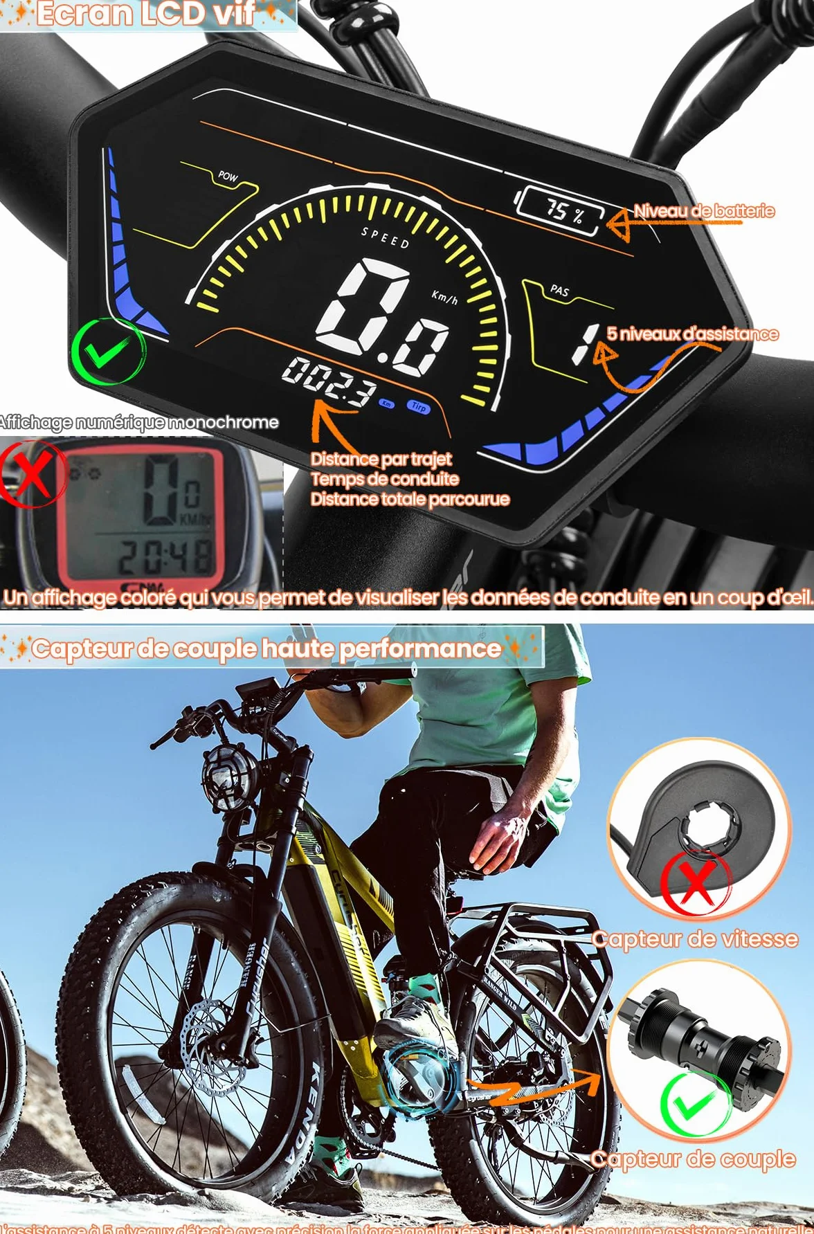 Vélo Électrique Ranger 26 Pouces 250W 52V 20Ah 1040Wh Amortisseur à Air Freins à Disque Hydrauliques