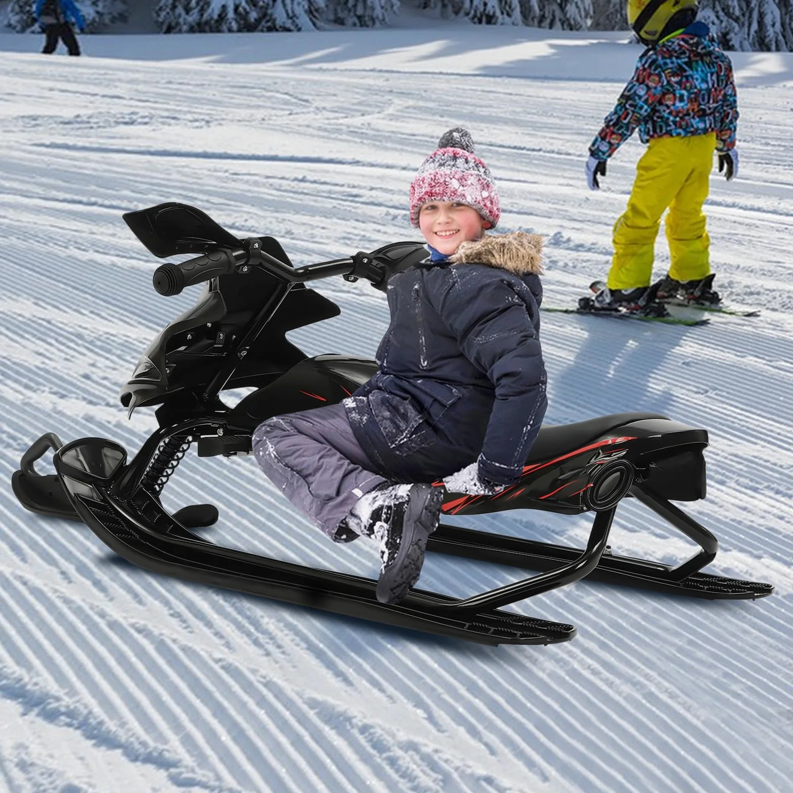 Luge de direction pour enfants avec freins, idéale pour les sports de neige en polyéthylène et fer, convient aux enfants de plus de 3 ans, avec rembourrage réglable et capacité de charge stable