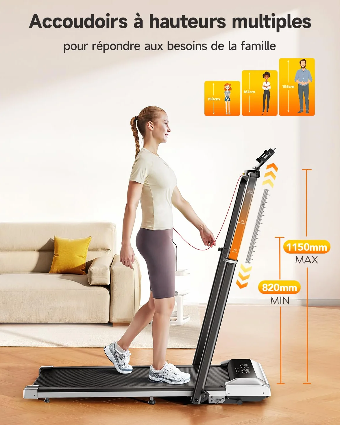 Tapis de Course 6 en 1, Pente 1%-12%, Vitesse 12km/h, 2.5 HP, Colonne Télescopique 115cm