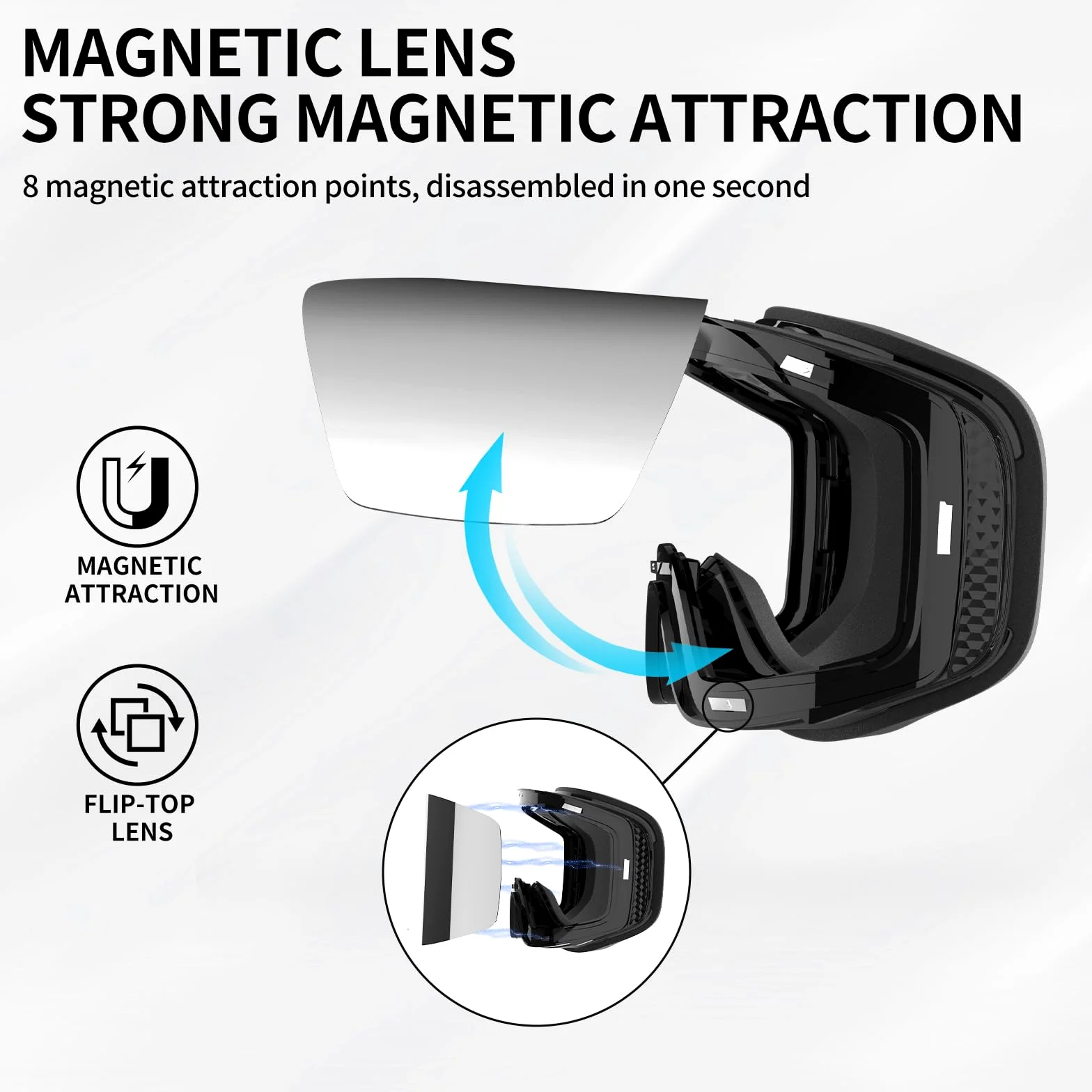 Whale Lunettes de ski à rabat magnétique pour homme, femme et adolescent - Protection UV 100 %