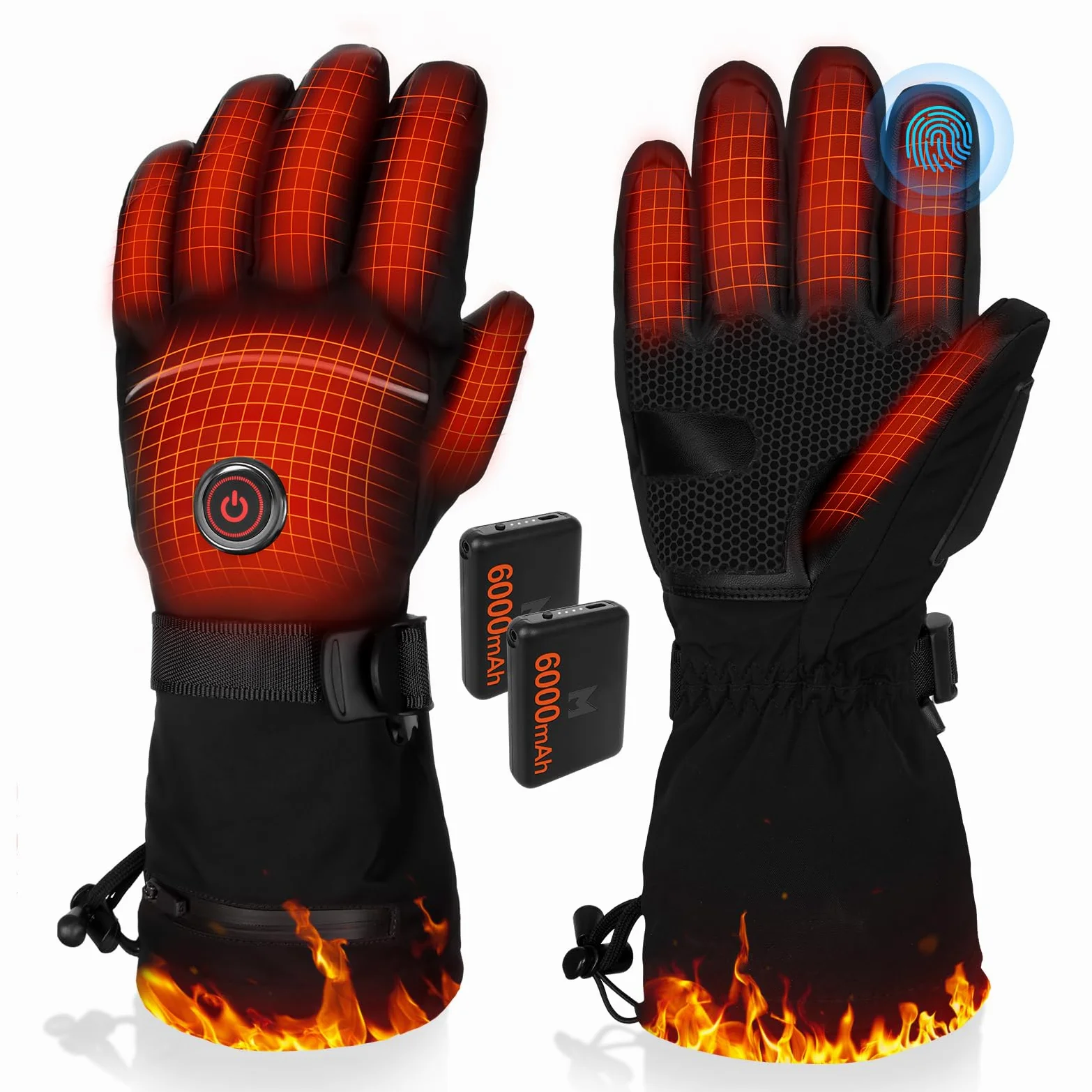 Gants Chauffants, 5V 6000mAh Électrique Rechargeable Gant Chauffant pour Homme Femme, 3 Niveaux De Chauffage Gants d'hiver Imperméables Écran Tactile pour Sports - Moto, Vélo