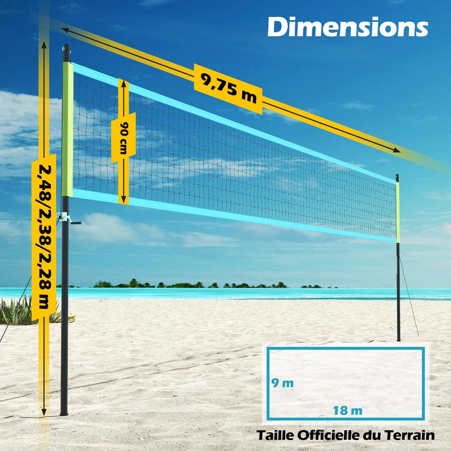 GOPLUS Filet de Volleyball Exterieur Piscine Réglable en Hauteur, Kit de Volley Complet avec Poteaux en Métal, 9,75 m x 0,9 m