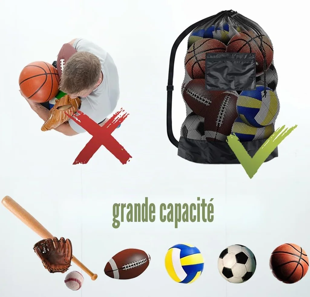 Sac à Ballon Grand Sac en Maille Filet avec Bretelles Réglable pour Football Volley-Ball Rugby 75x100 cm