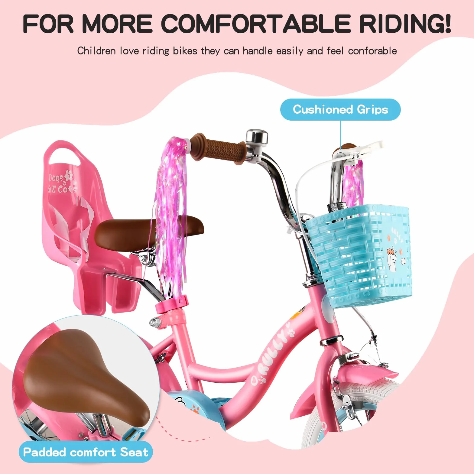RULLY Vélo Fille 12–16 Pouces avec Roulettes Stabilisatrices, Panier et Siège Poupée – Vélo Enfant Multicolore 2–6 Ans