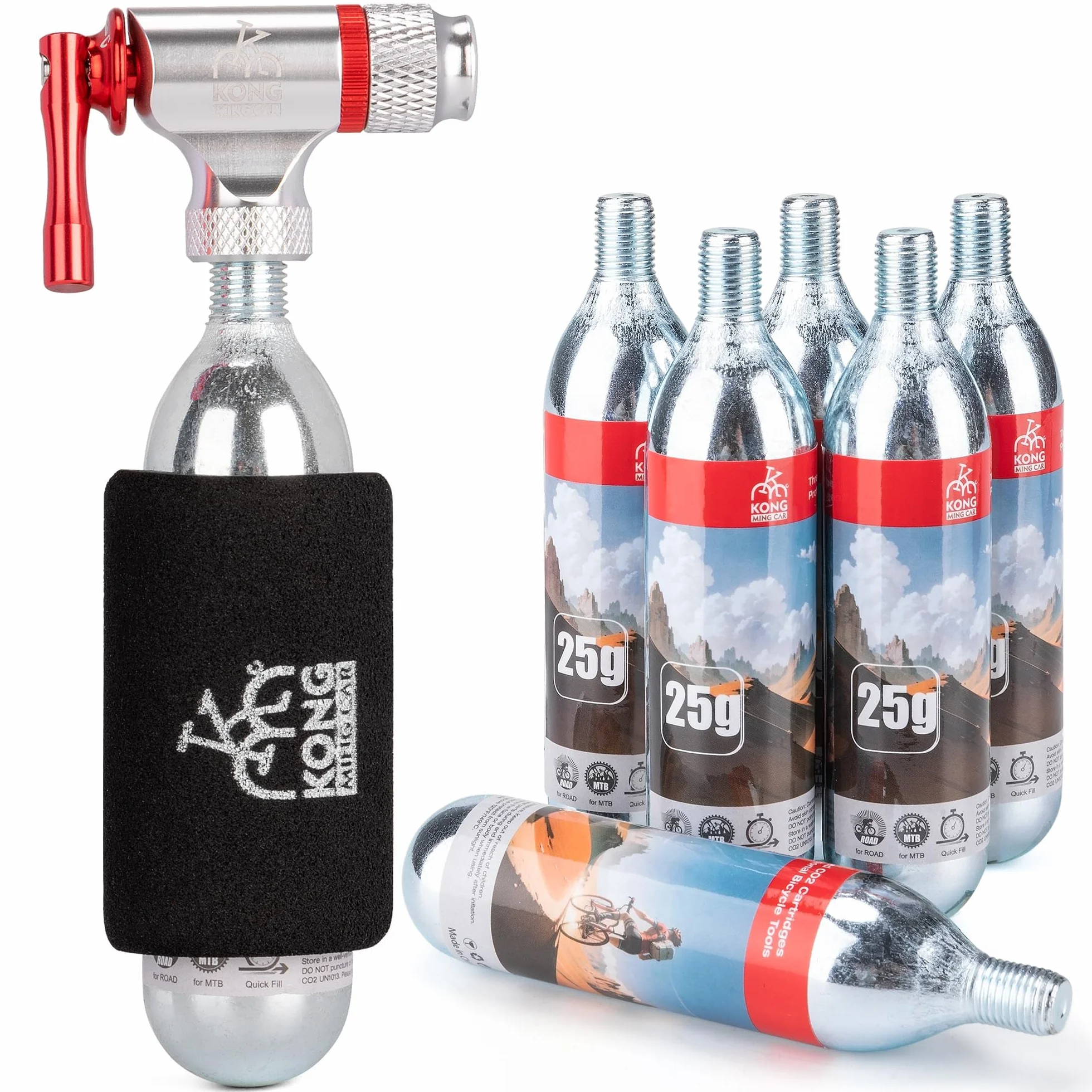 Kit de Gonfleur CO2 Vélo avec 6 Cartouches Filetées 16g/25g Compatible Presta Schrader