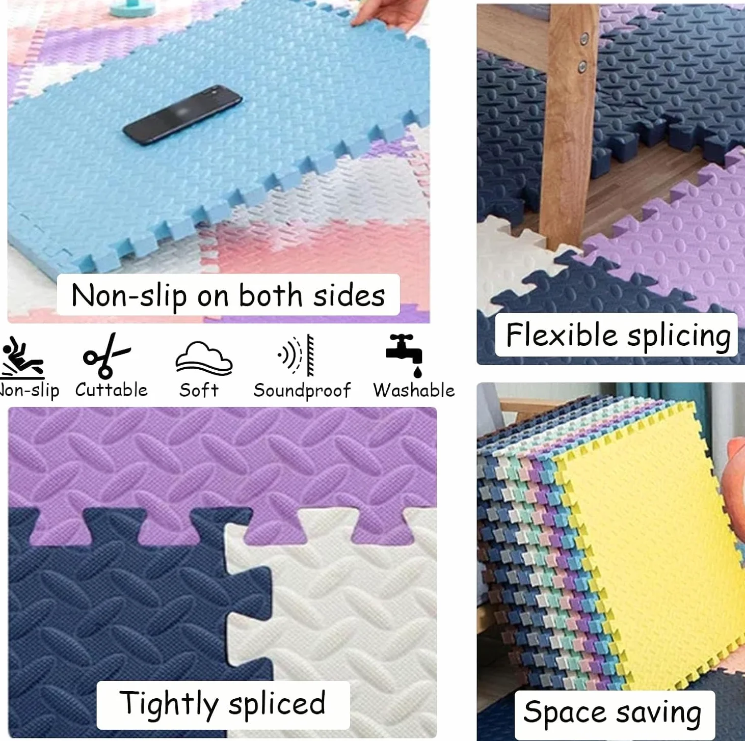 Lot de 16 Dalles en Mousse Souple imbriquées EVA 12 x 12 Pouces for Puzzle de Jeu en Mousse, Tapis de Sol découpable à Faire soi-même, Tapis d'exercice de Gymnastique(Navy Blue+Yellow)