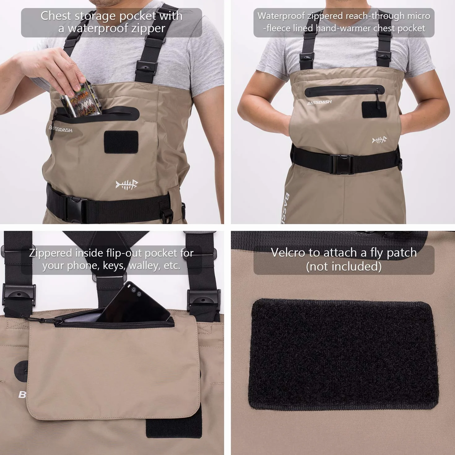 Bassdash Waders Respirants Convertibles Poitrine/Taille Pêche Chasse Hommes