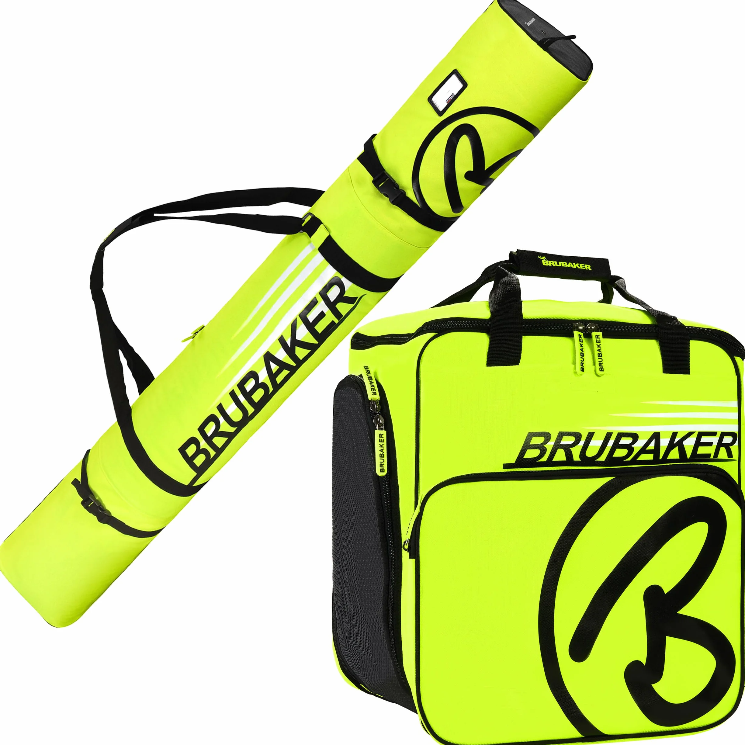 BRUBAKER Set de Ski Carver Champion Housse à Skis Sac à Chaussures de Ski Jaune Fluo Noir