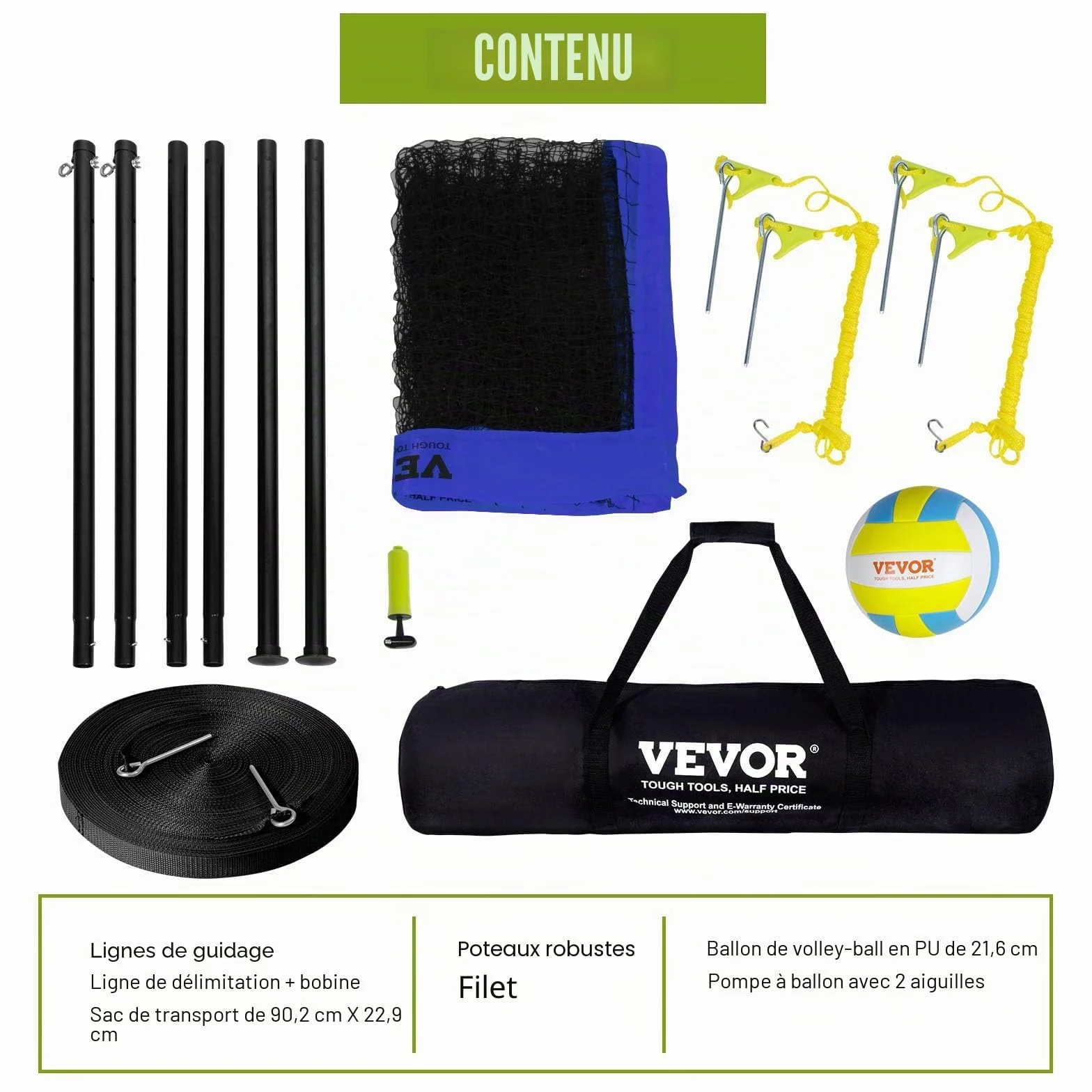 VEVOR Filet de Volley-Ball Portable d'Extérieur, Poteaux en Acier Réglable, Ensemble avec Ballon PVC, Pompe et Sac