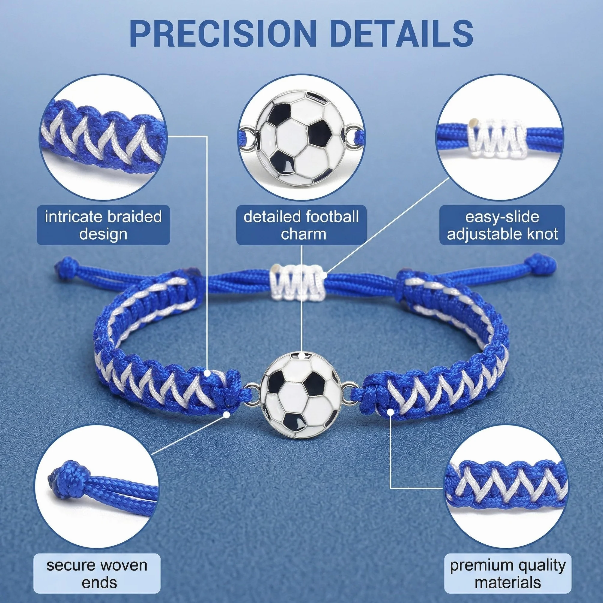 Bracelets Football Tressés pour Garçon Lot de 2 Ajustable 14-28cm Noir/Blanc Bleu/Blanc