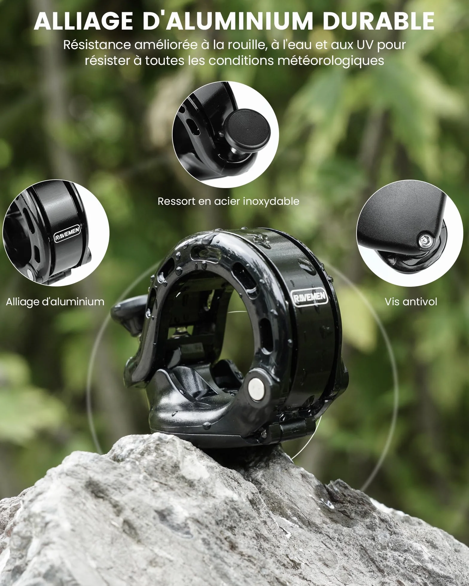 RAVEMEN Q2 Sonnette de Vélo Compatible AirTag 110 DB Antivol Support Guidon 22,2-31,8 mm