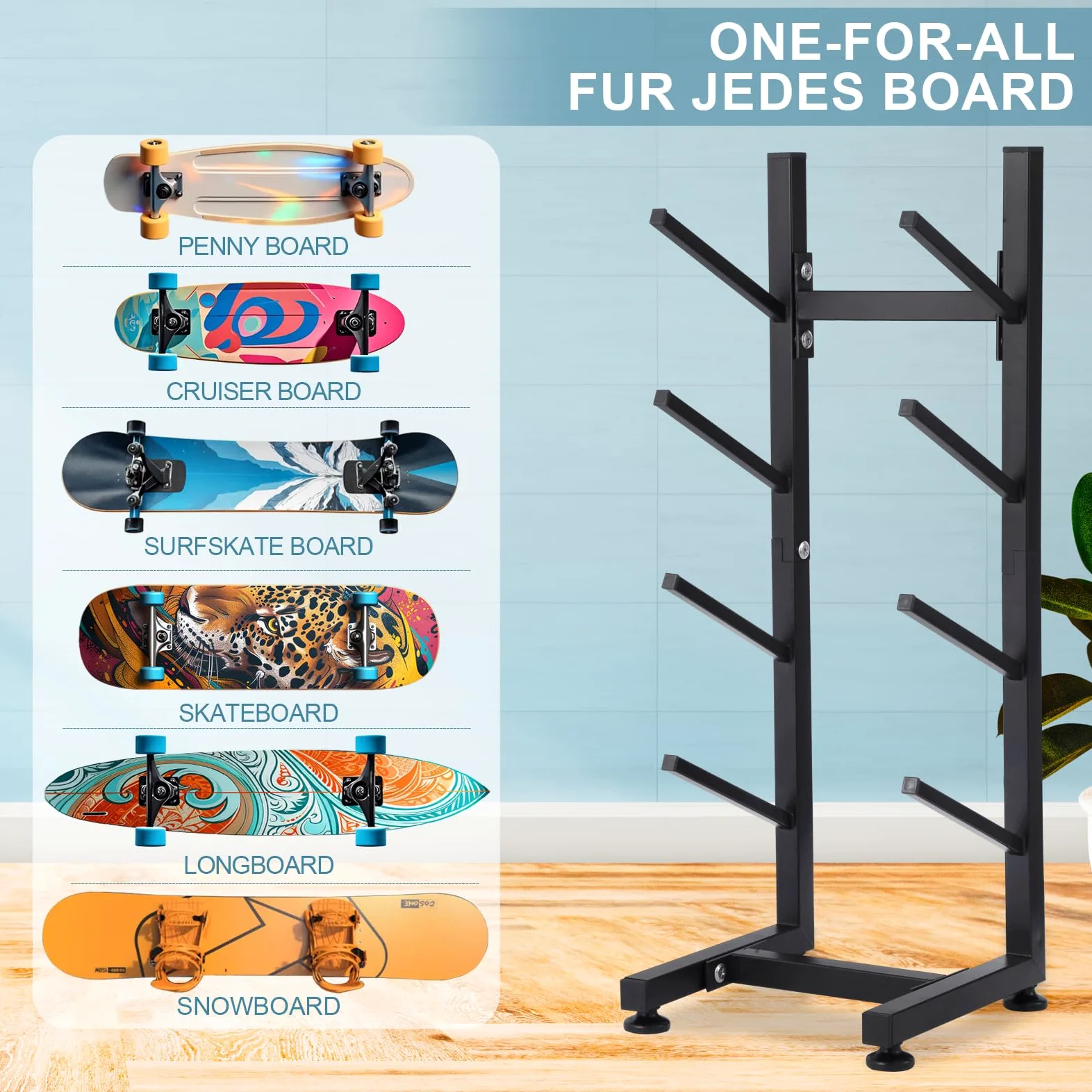 BiJun Support de sol pour skateboard, support de planche à roulettes à 4 couches, support de rangement pour planche à neige, support de plancher pour terrasse, longboard, snowboard, skateboard