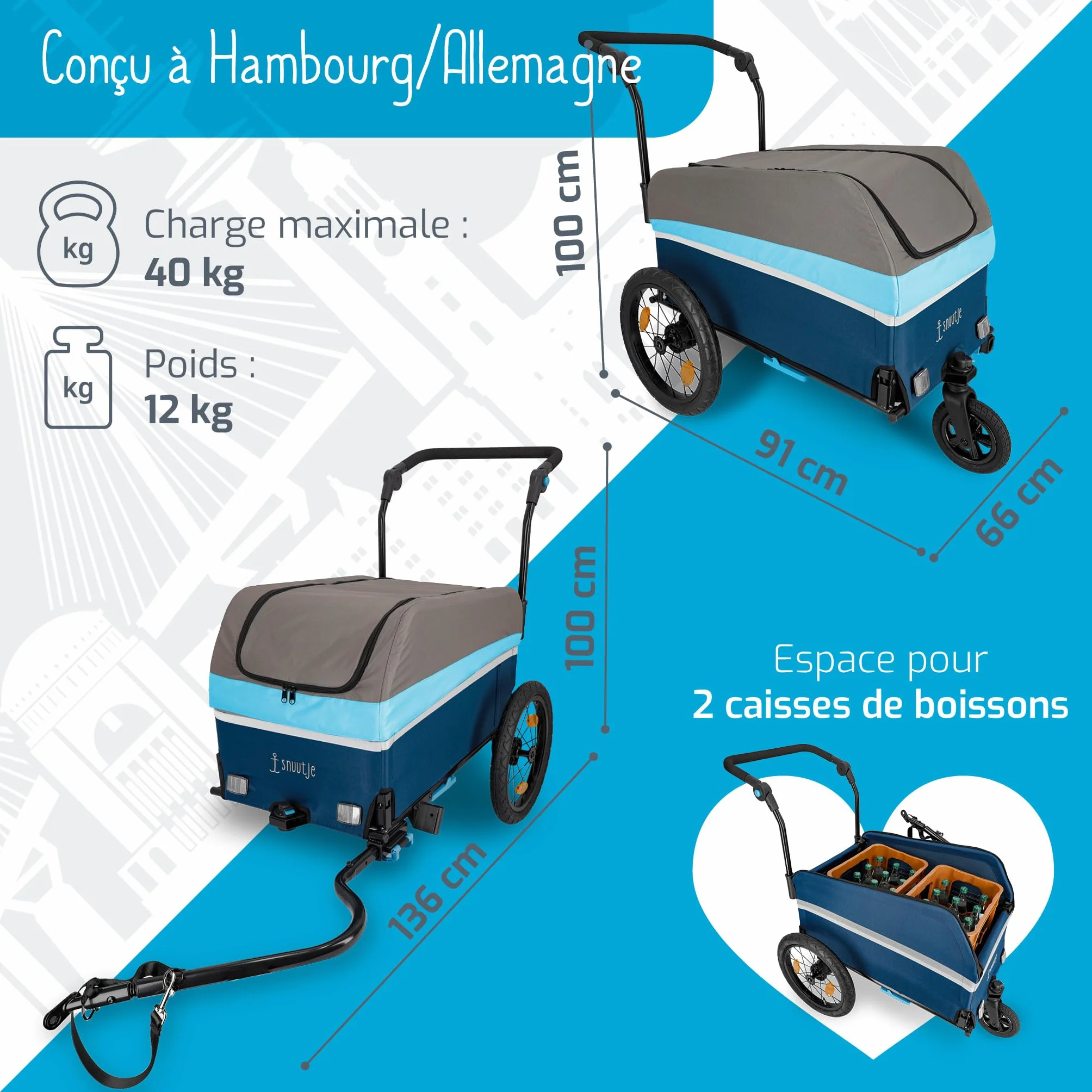 Remorque de Transport Pliable 2 en 1 Vélo Chariot Compatible Vélo Électrique Camping Jardin