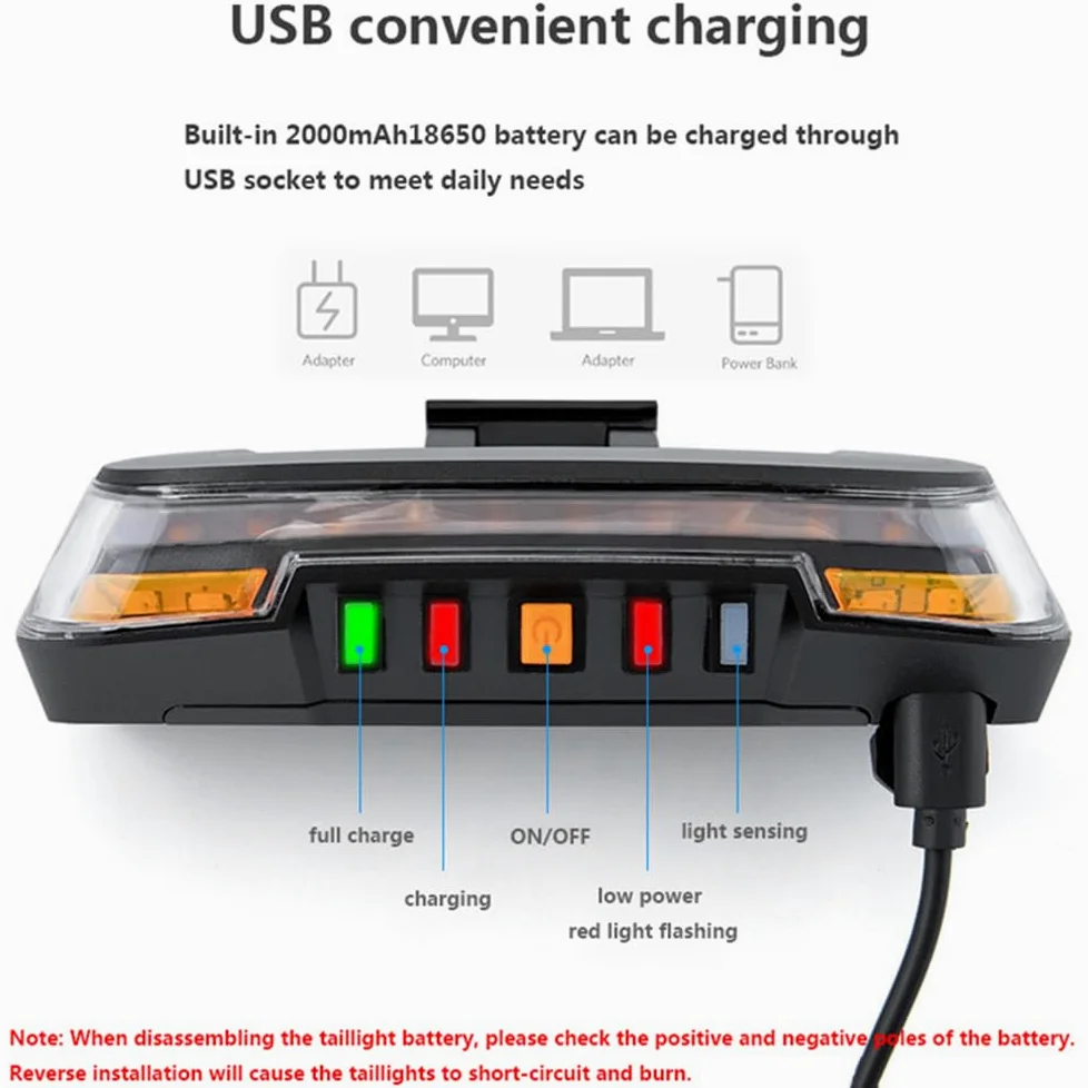 Feu arrière de vélo Rechargeable 2000 mAh avec Induction, feu Stop, LED, télécommande et Clignotants.