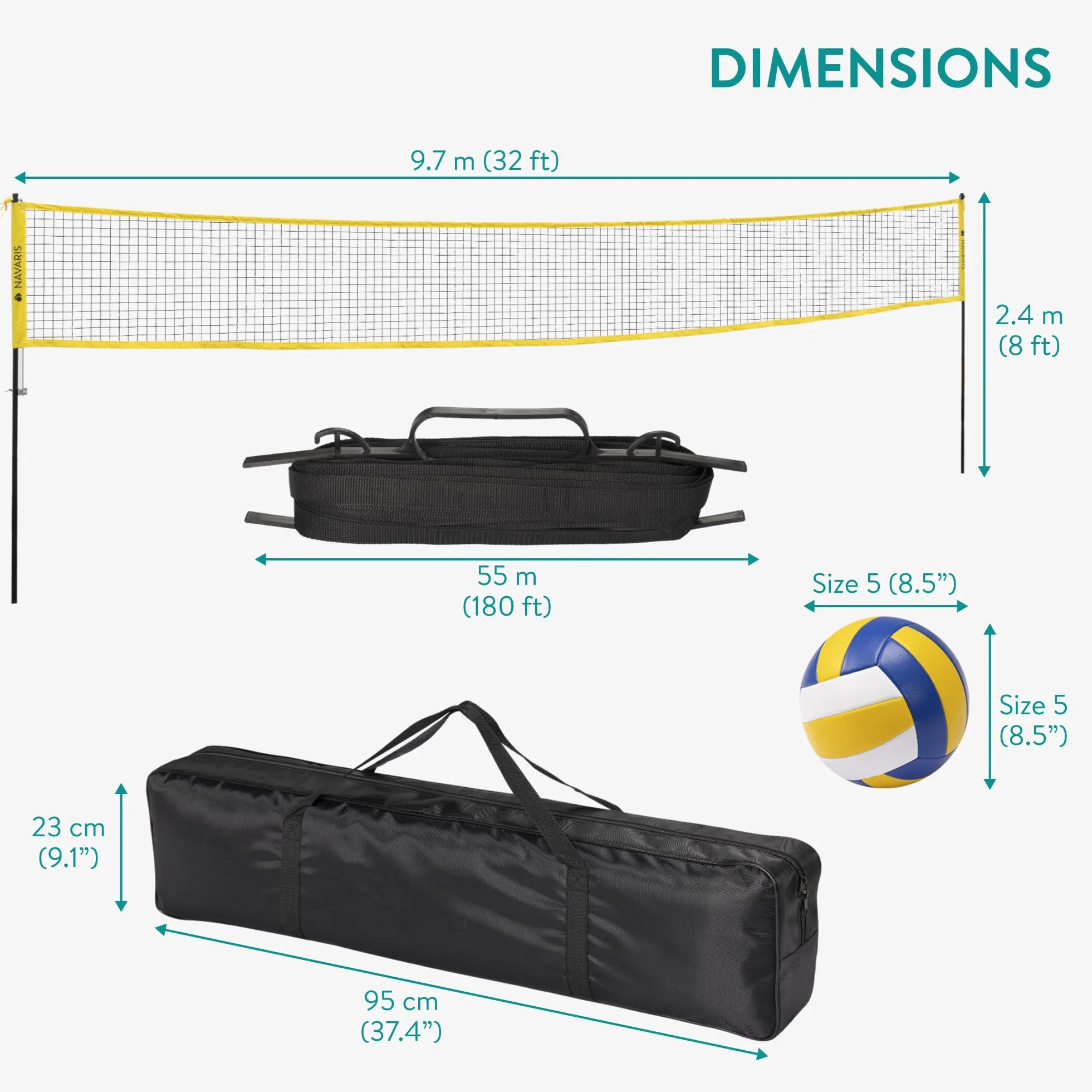 Navaris Filet de Volleyball Extérieur - Set Complet avec Ballon, Poteaux, Pompe, Sac de Transport