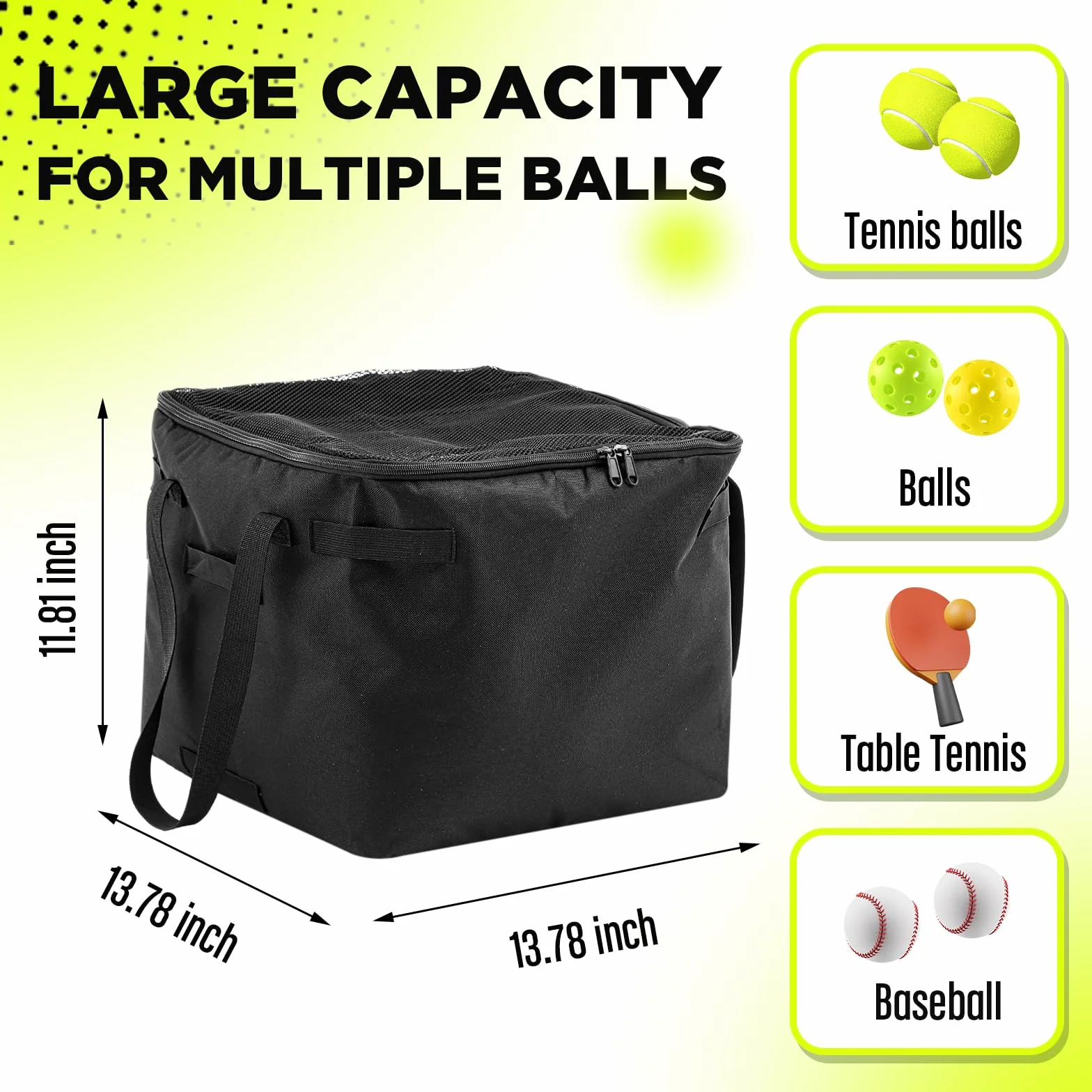 Aliceset Panier de balles de tennis avec poches latérales - Sac de rangement portable de rechange léger pour balle de baseball, tennis de table, cadre non inclus