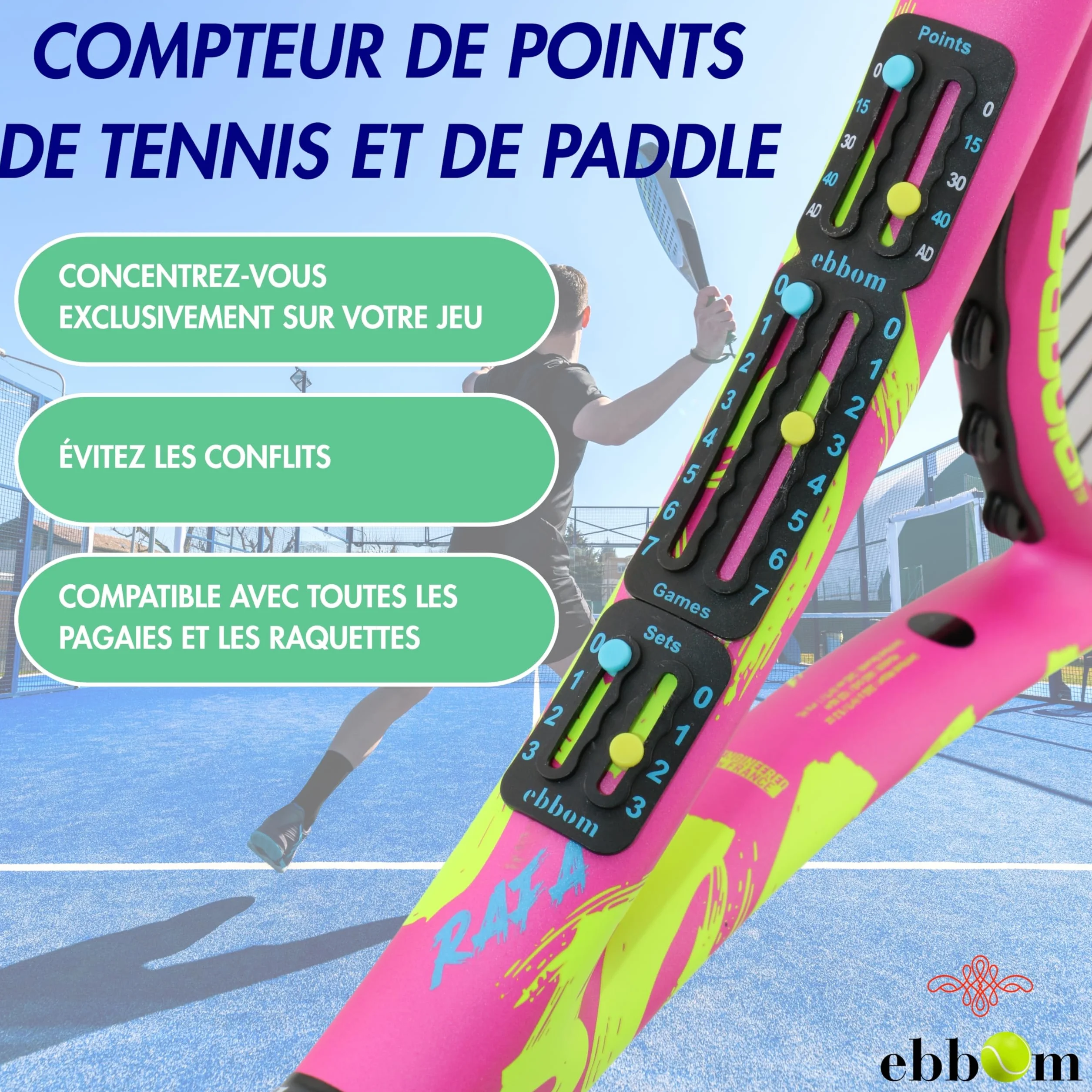 Compteur de Points Padel et Tennis Ultraléger avec Adhésif 3M - Inclus 2 Overgrips B/N et 1 Nettoyant – Adaptable à Toutes Les Raquettes et Palas – Accessoires Padel – Marqueur Padel