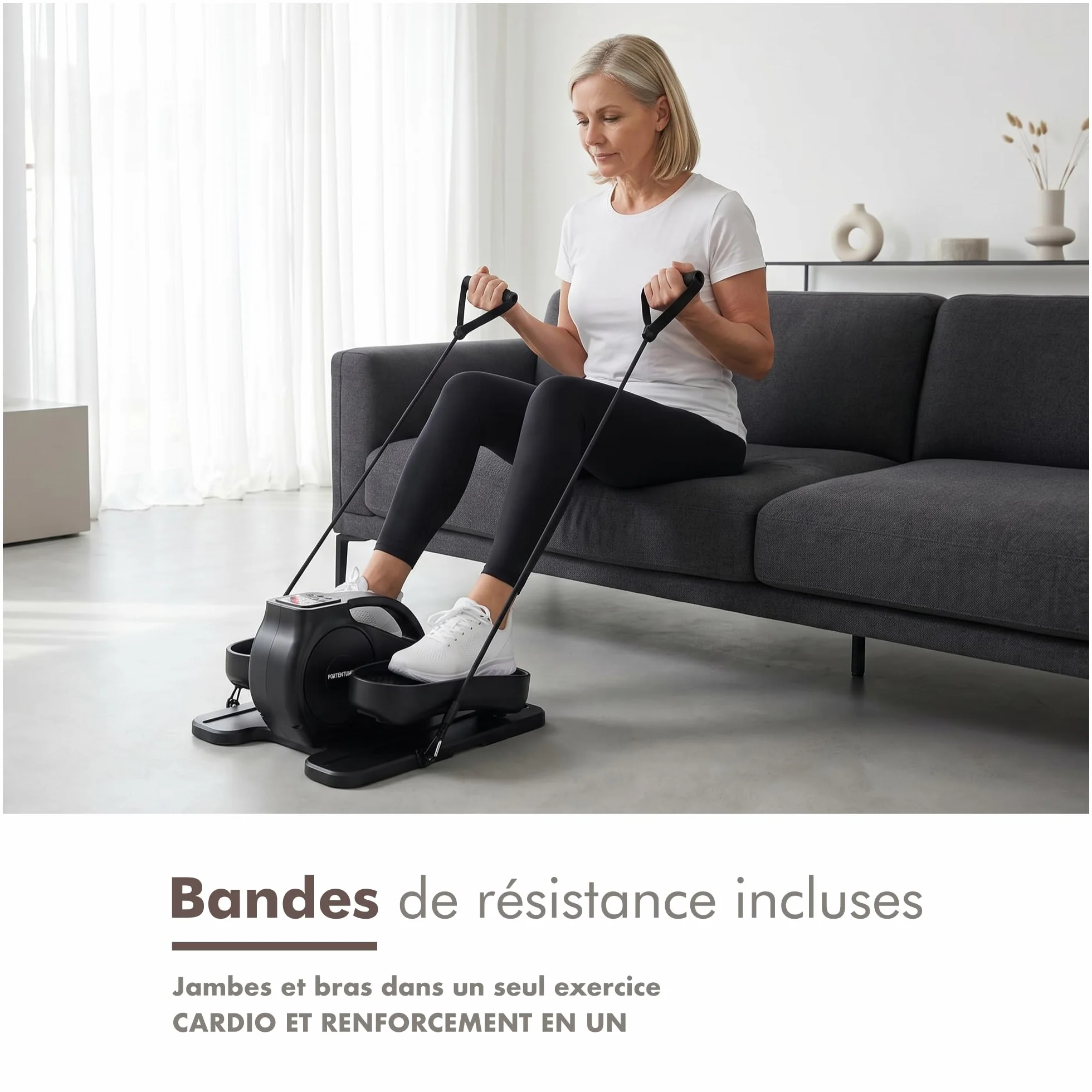 PORTENTUM Mini Velo elliptique électrique avec Bandes de résistance Tapis Sangles Pédalier d'appartement Automatique Manuel 12 Vitesses Moteur Silencieux