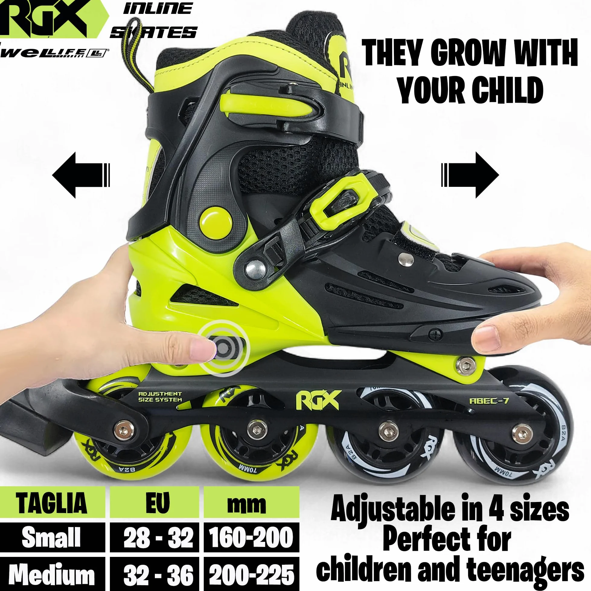 WeLLIFE RGX Patins en ligne réglables pour enfants et adolescents 4 tailles | Double configuration des roues pour débutants | Coque rigide et doublure en velours | plaque aluminium | roulements ABEC-7
