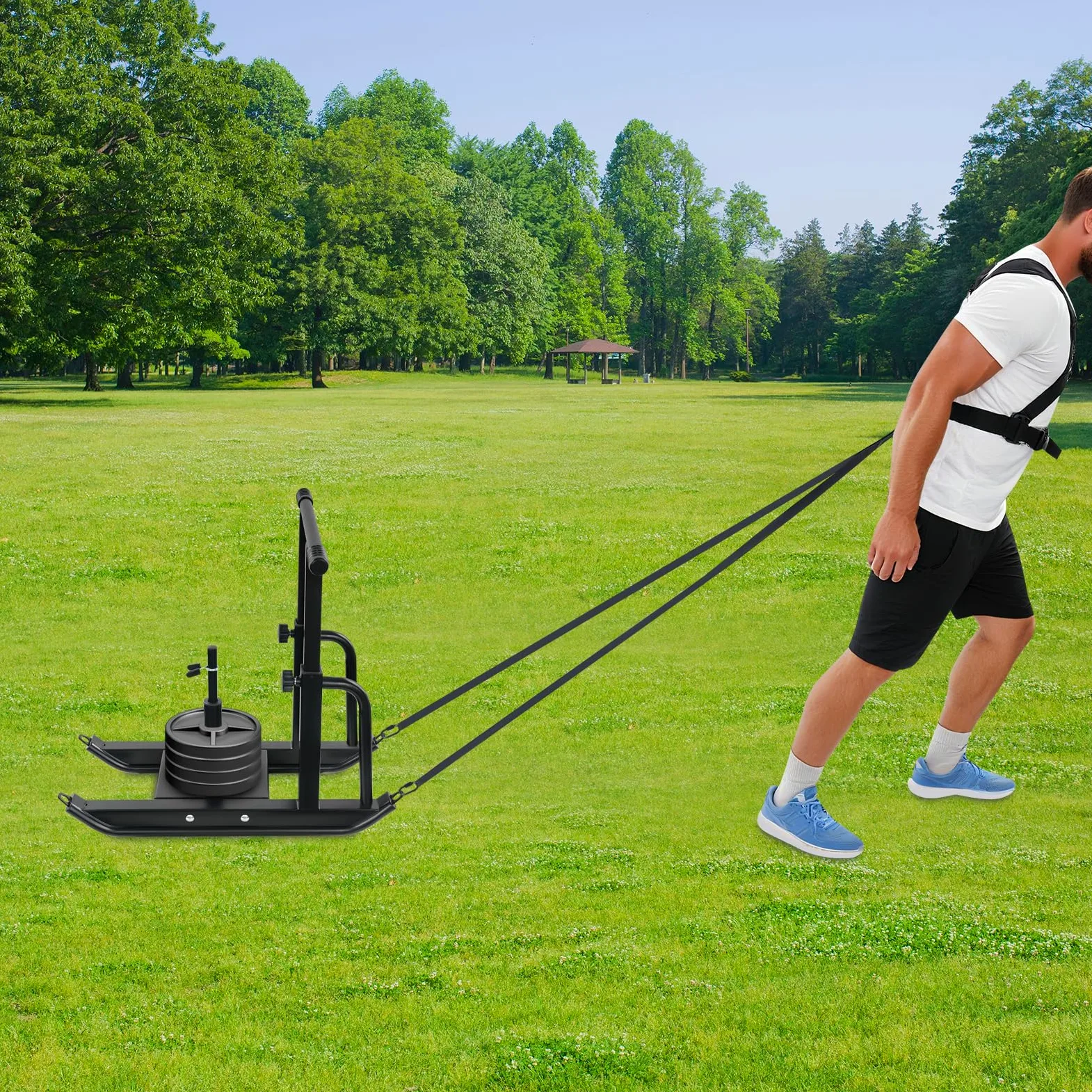 Luge de fitness réglable, capacité de charge de 200 kg, réglable en hauteur sur 5 niveaux pour l'entraînement de poussée et de traction, compatible avec disques de poids de 1" et 2", luge
