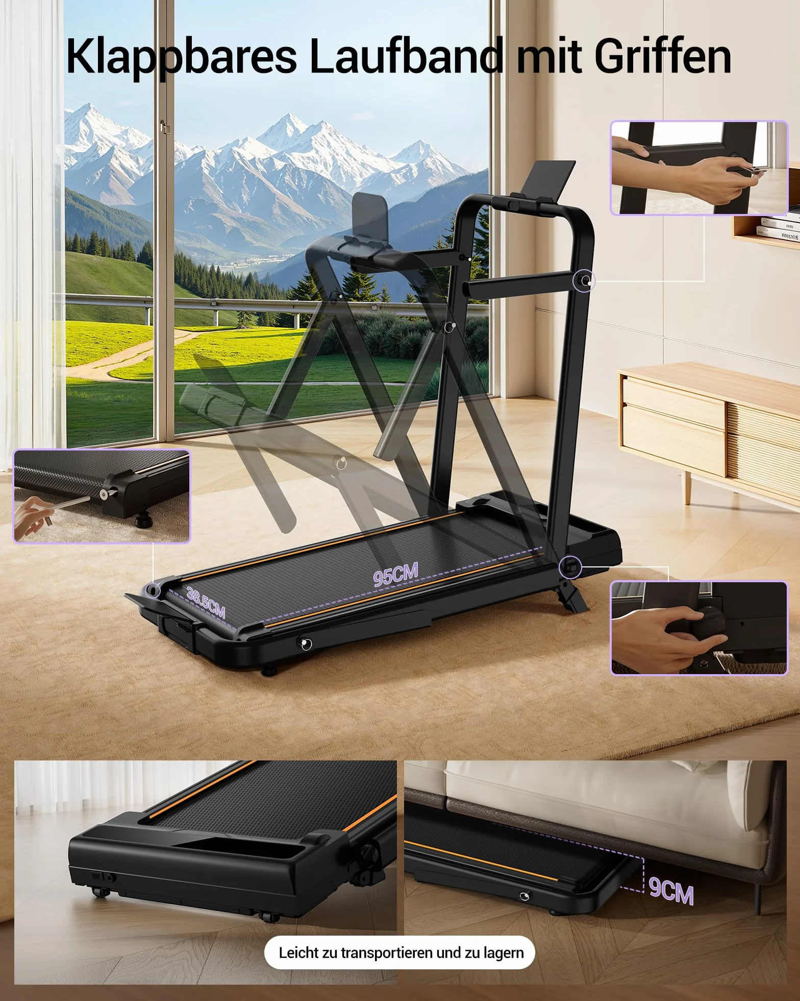CURSOR Tapis de Course Pliable Inclinable 16%, 10km/h, 3.0 HP, 159KG, Affichage LED, Télécommande