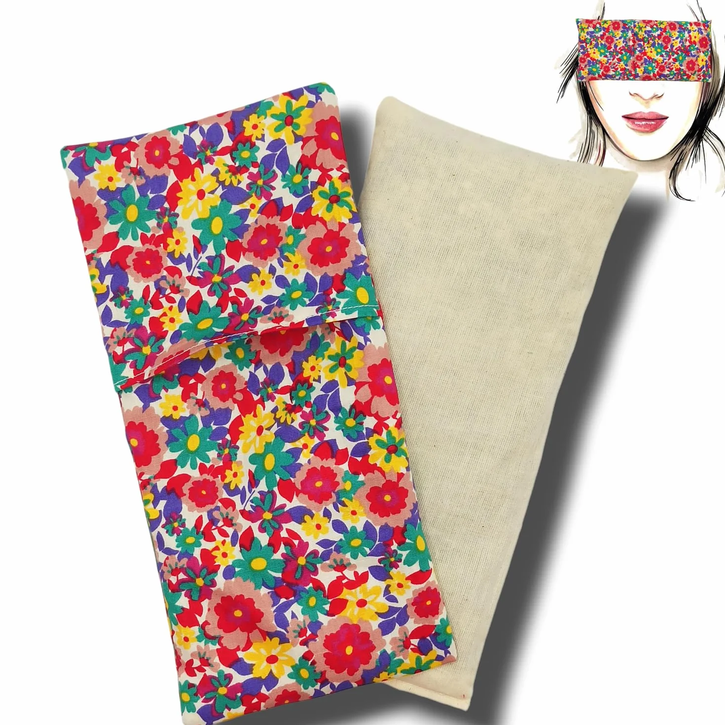 Coussin de Yoga pour les Yeux - Oreiller Fleurs Bleu avec Housse Lavable, Lavande et Riz pour Méditation et Relaxation