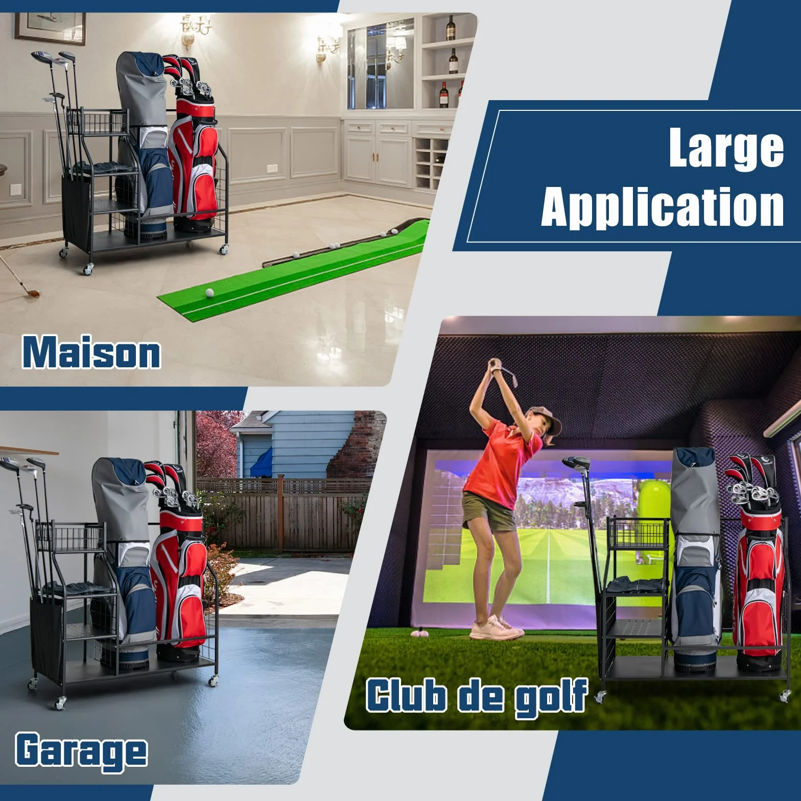 COSTWAY Support de Rangement pour Sac de Golf avec Roues Universelles Verrouillables, Organisateur de Stockage en Métal pour Accessoires Golf avec Étagère et 4 Crochets